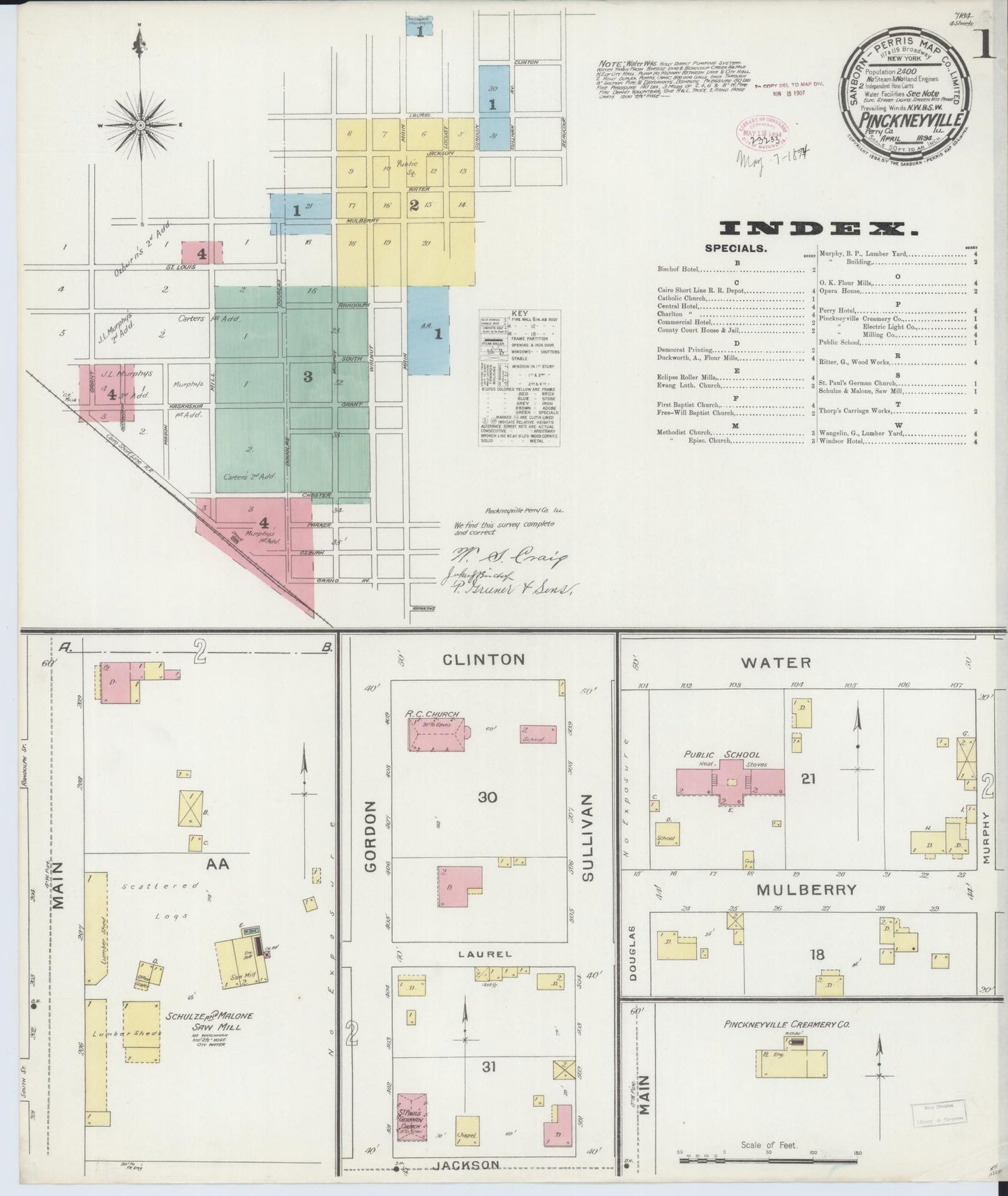 Sanborn Fire Insurance Map from Pinckneyville, Perry County, Illinois (1894), Sheet #0001 - Complete Map Set gallery image, historic Sanborn map, vintage wall art, Illinois Illinois