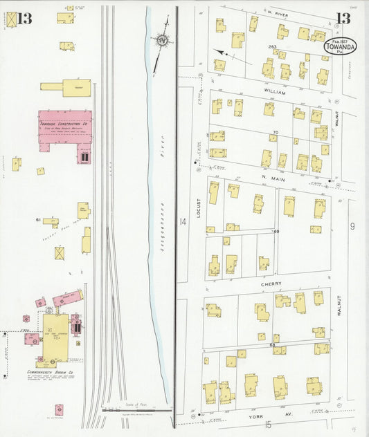 Sanborn Fire Insurance Map from Towanda, Bradford County, Pennsylvania (1927), Sheet #0013 - Historic Sanborn Fire Insurance Map Print, vintage old map wall art, antique decor, genealogy gift, Pennsylvania Pennsylvania map