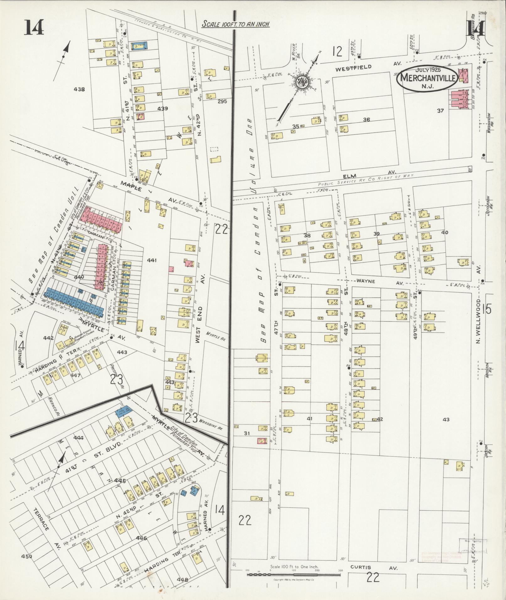 Sanborn Fire Insurance Map from Merchantville, Camden County, New Jersey (1925), Sheet #0014 - Historic Sanborn Fire Insurance Map Print, vintage old map wall art, antique decor, genealogy gift, New Jersey New Jersey map