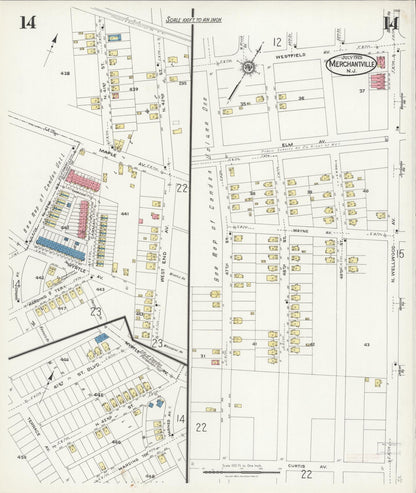 Sanborn Fire Insurance Map from Merchantville, Camden County, New Jersey (1925), Sheet #0014 - Historic Sanborn Fire Insurance Map Print, vintage old map wall art, antique decor, genealogy gift, New Jersey New Jersey map