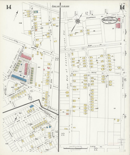 Sanborn Fire Insurance Map from Merchantville, Camden County, New Jersey (1925), Sheet #0014 - Historic Sanborn Fire Insurance Map Print, vintage old map wall art, antique decor, genealogy gift, New Jersey New Jersey map
