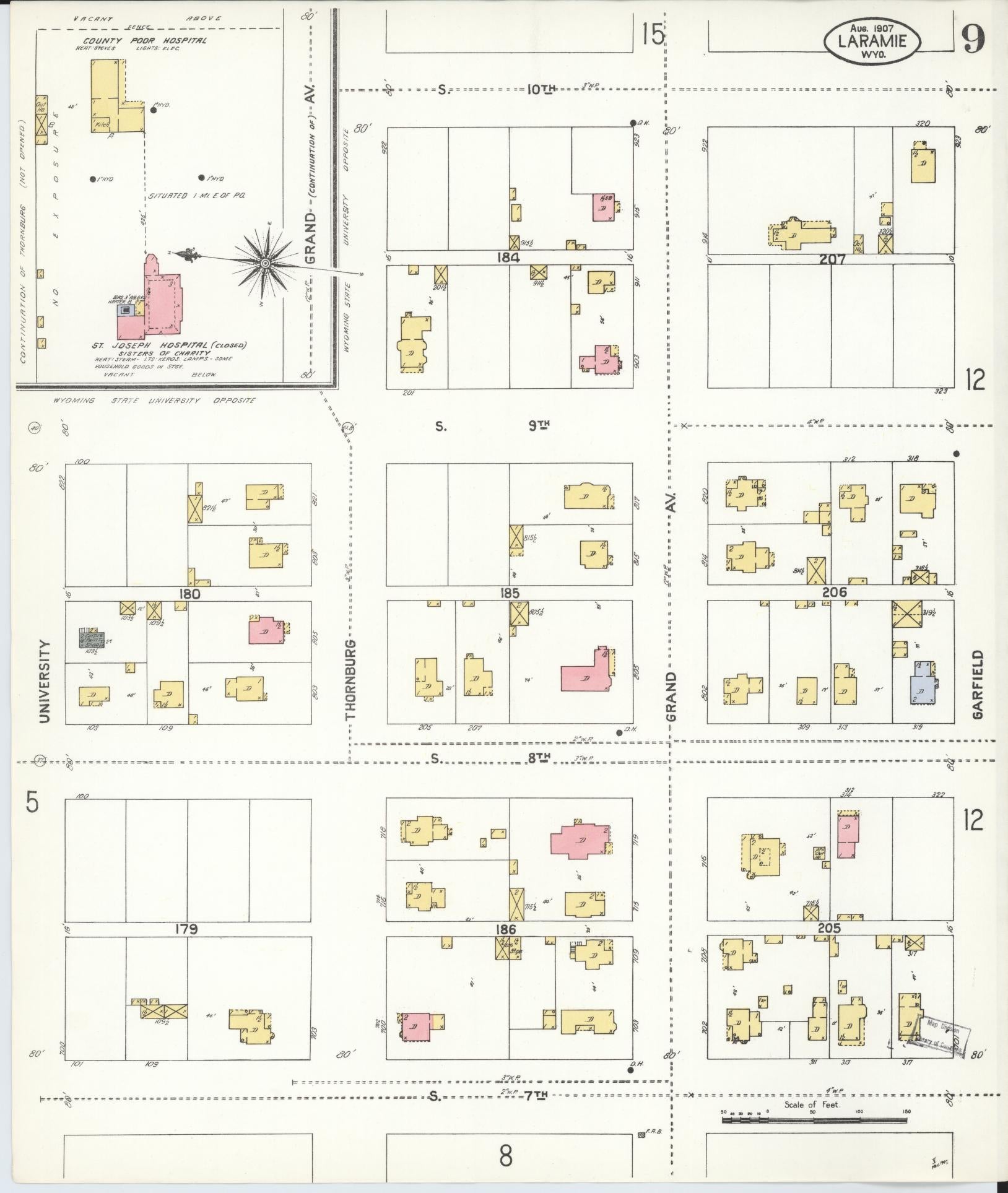 Sanborn Fire Insurance Map from Laramie, Albany County, Wyoming (1907), Sheet #0009 - Historic Sanborn Fire Insurance Map Print, vintage old map wall art, antique decor, genealogy gift, Wyoming Wyoming map