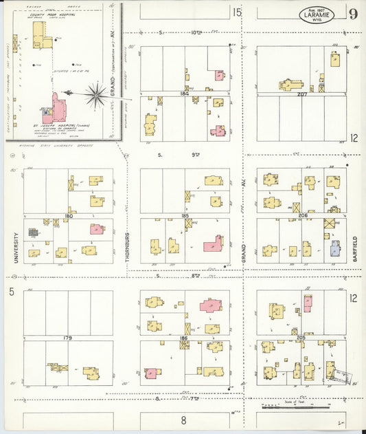 Sanborn Fire Insurance Map from Laramie, Albany County, Wyoming (1907), Sheet #0009 - Historic Sanborn Fire Insurance Map Print, vintage old map wall art, antique decor, genealogy gift, Wyoming Wyoming map