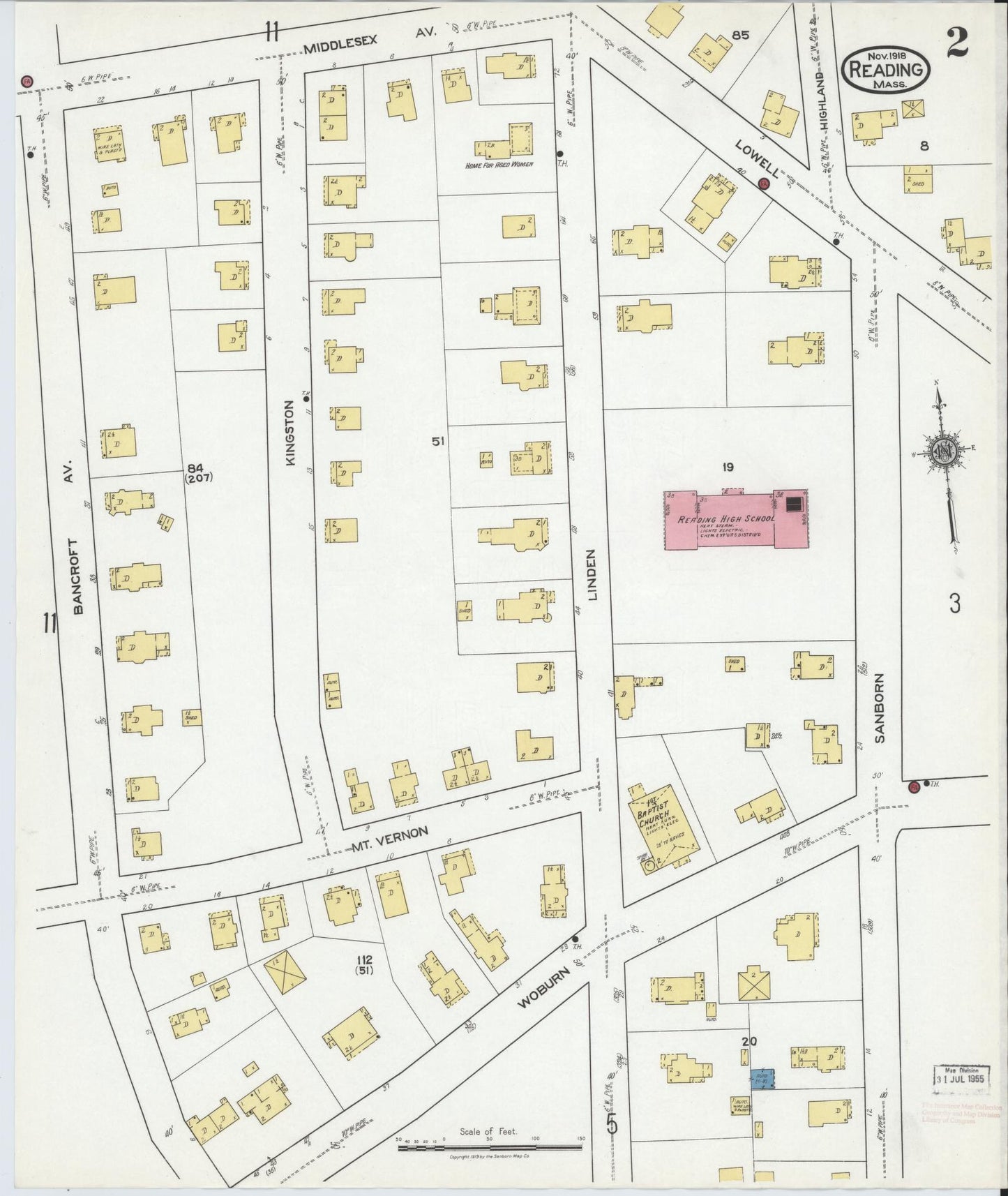 Sanborn Fire Insurance Map from Reading, Middlesex County, Massachusetts (1918), Sheet #0002 - Historic Sanborn Fire Insurance Map Print, vintage old map wall art, antique decor, genealogy gift, Massachusetts Massachusetts map