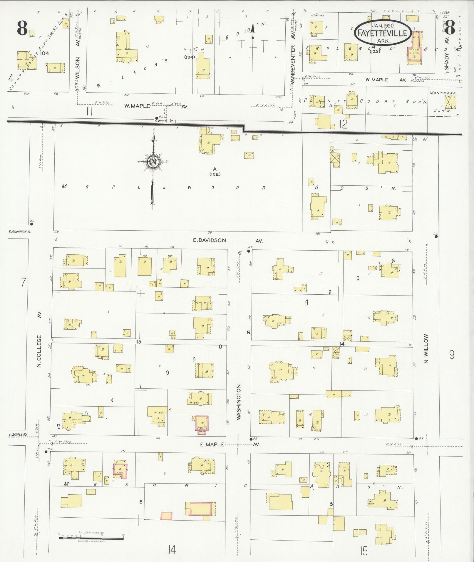 Sanborn Fire Insurance Map from Fayetteville, Washington County, Arkansas (1930), Sheet #0008 - Historic Sanborn Fire Insurance Map Print, vintage old map wall art, antique decor, genealogy gift, Arkansas Arkansas map