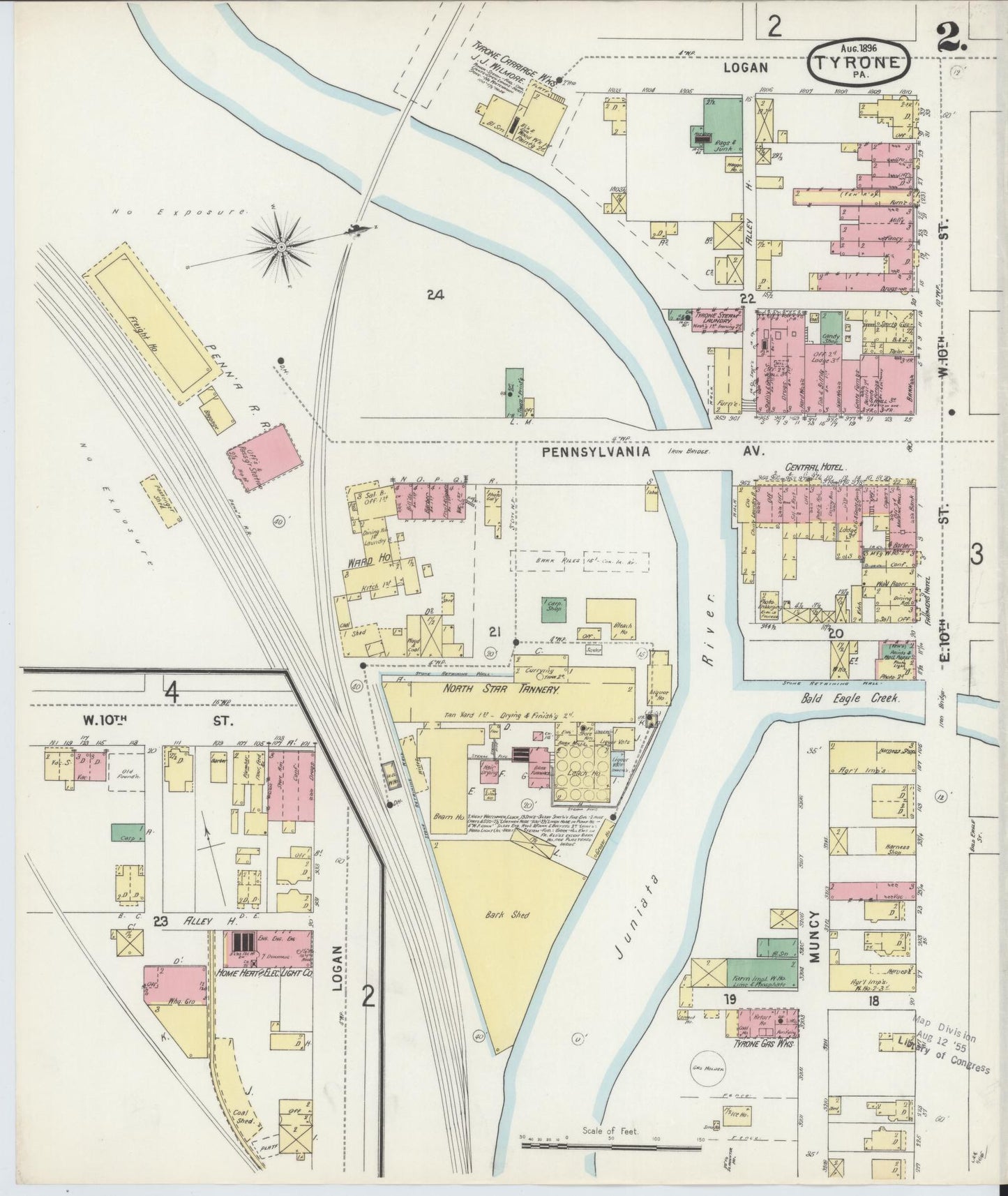 Sanborn Fire Insurance Map from Tyrone, Blair County, Pennsylvania (1896), Sheet #0002 - Historic Sanborn Fire Insurance Map Print, vintage old map wall art, antique decor, genealogy gift, Pennsylvania Pennsylvania map