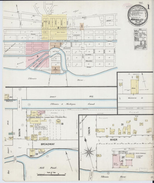 Sanborn Fire Insurance Map from Marseilles, La Salle County, Illinois (1889), Sheet #0001 - Historic Sanborn Fire Insurance Map Print, vintage old map wall art, antique decor, genealogy gift, Illinois Illinois map