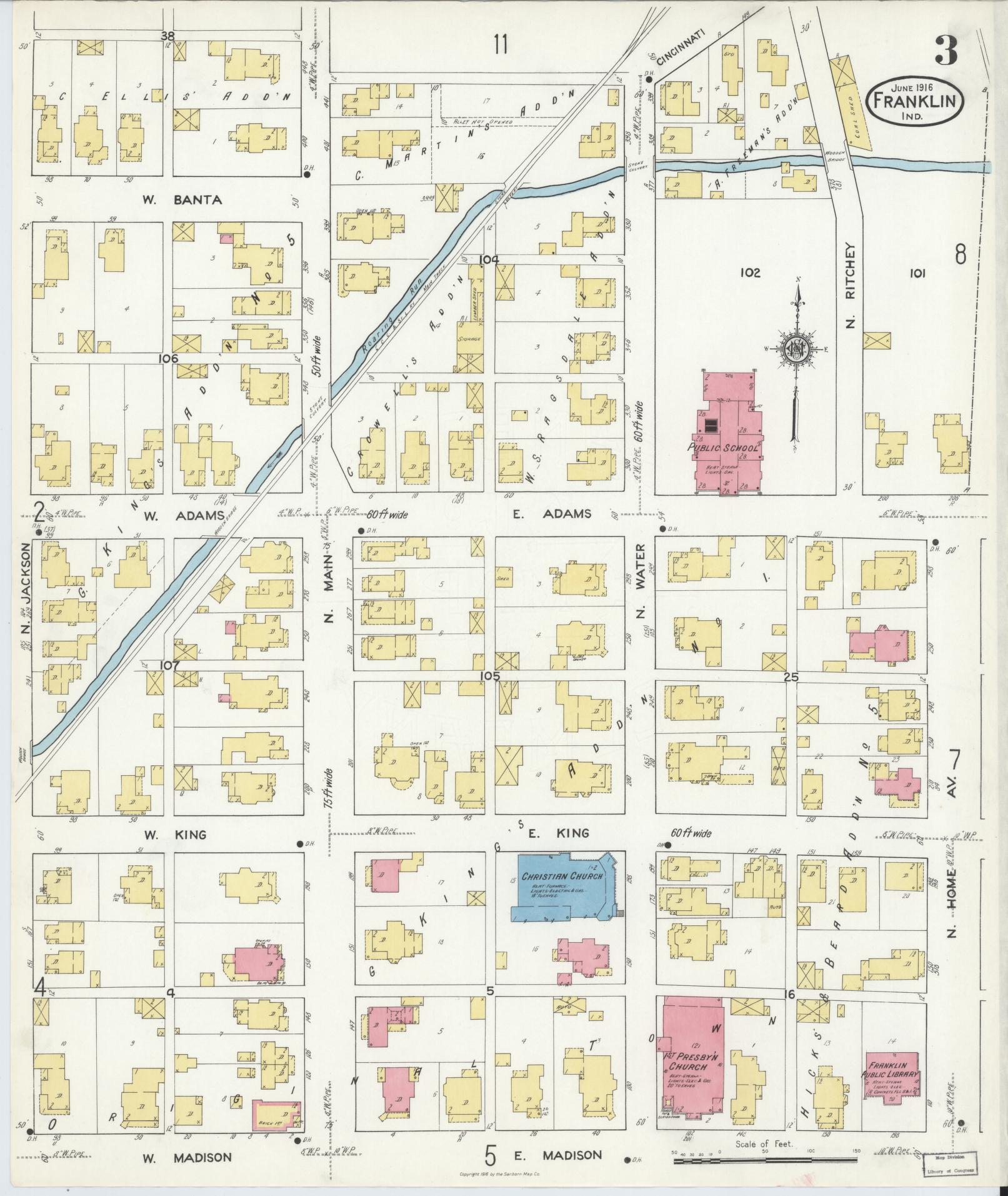 Sanborn Fire Insurance Map from Franklin, Johnson County, Indiana (1916), Sheet #0003 - Complete Map Set gallery image, historic Sanborn map, vintage wall art, Indiana Indiana