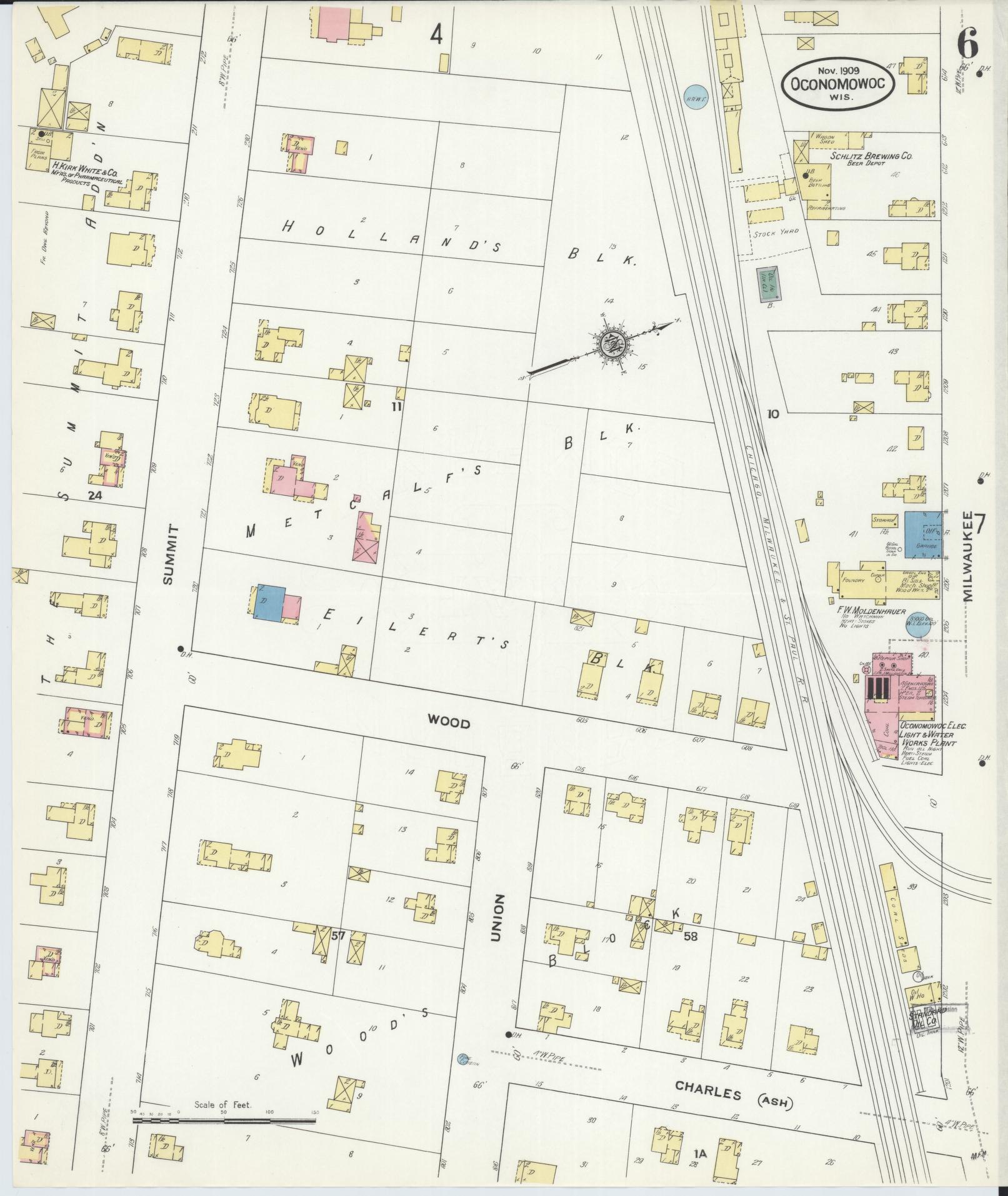 Sanborn Fire Insurance Map from Oconomowoc, Waukesha County, Wisconsin (1909), Sheet #0006 - Historic Sanborn Fire Insurance Map Print, vintage old map wall art, antique decor, genealogy gift, Wisconsin Wisconsin map