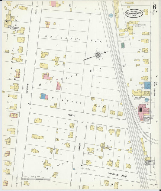 Sanborn Fire Insurance Map from Oconomowoc, Waukesha County, Wisconsin (1909), Sheet #0006 - Historic Sanborn Fire Insurance Map Print, vintage old map wall art, antique decor, genealogy gift, Wisconsin Wisconsin map