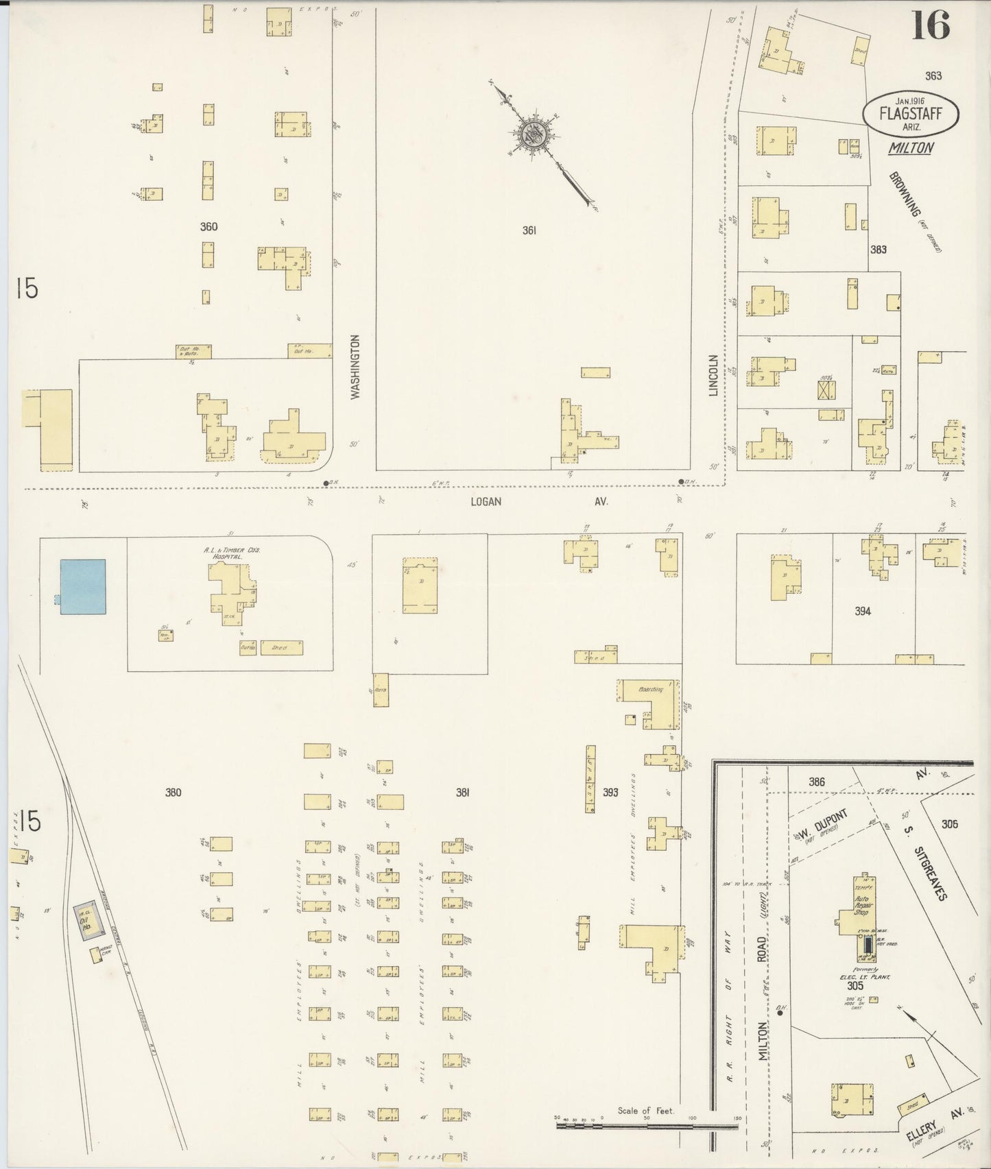 Sanborn Fire Insurance Map from Flagstaff, Coconino County, Arizona (1916), Sheet #0016 - Complete Map Set gallery image, historic Sanborn map, vintage wall art, Arizona Arizona
