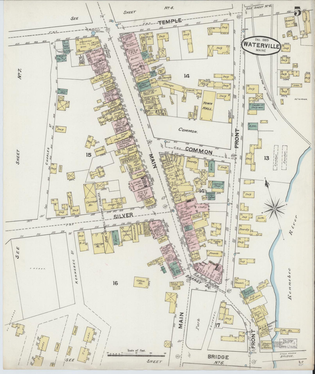 Sanborn Fire Insurance Map from Waterville, Kennebec County, Maine (1889), Sheet #0005 - Historic Sanborn Fire Insurance Map Print, vintage old map wall art, antique decor, genealogy gift, Maine Maine map