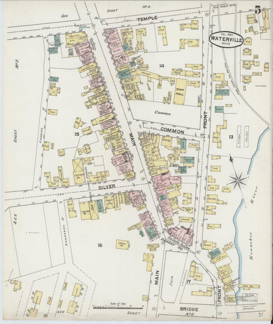 Sanborn Fire Insurance Map from Waterville, Kennebec County, Maine (1889), Sheet #0005 - Historic Sanborn Fire Insurance Map Print, vintage old map wall art, antique decor, genealogy gift, Maine Maine map