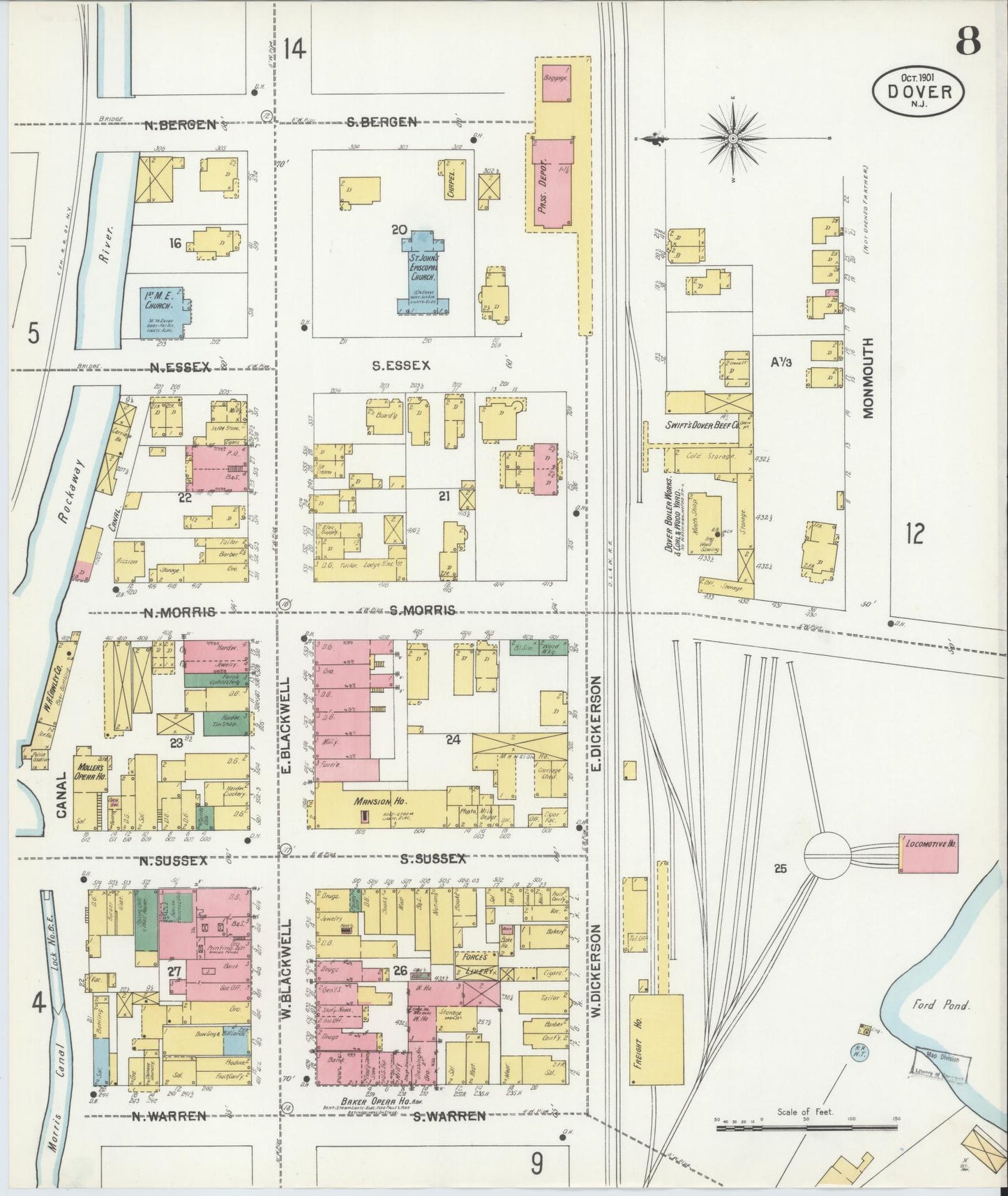 Sanborn Fire Insurance Map from Dover, Morris County, New Jersey (1900), Sheet #0008 - Historic Sanborn Fire Insurance Map Print, vintage old map wall art, antique decor, genealogy gift, New Jersey New Jersey map