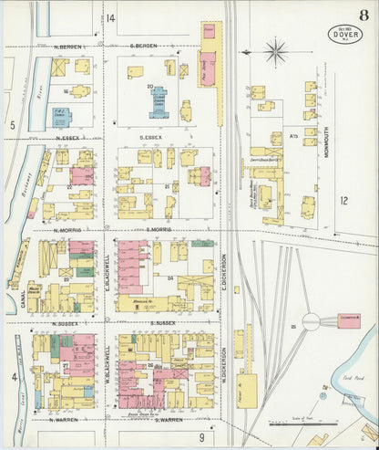 Sanborn Fire Insurance Map from Dover, Morris County, New Jersey (1900), Sheet #0008 - Historic Sanborn Fire Insurance Map Print, vintage old map wall art, antique decor, genealogy gift, New Jersey New Jersey map