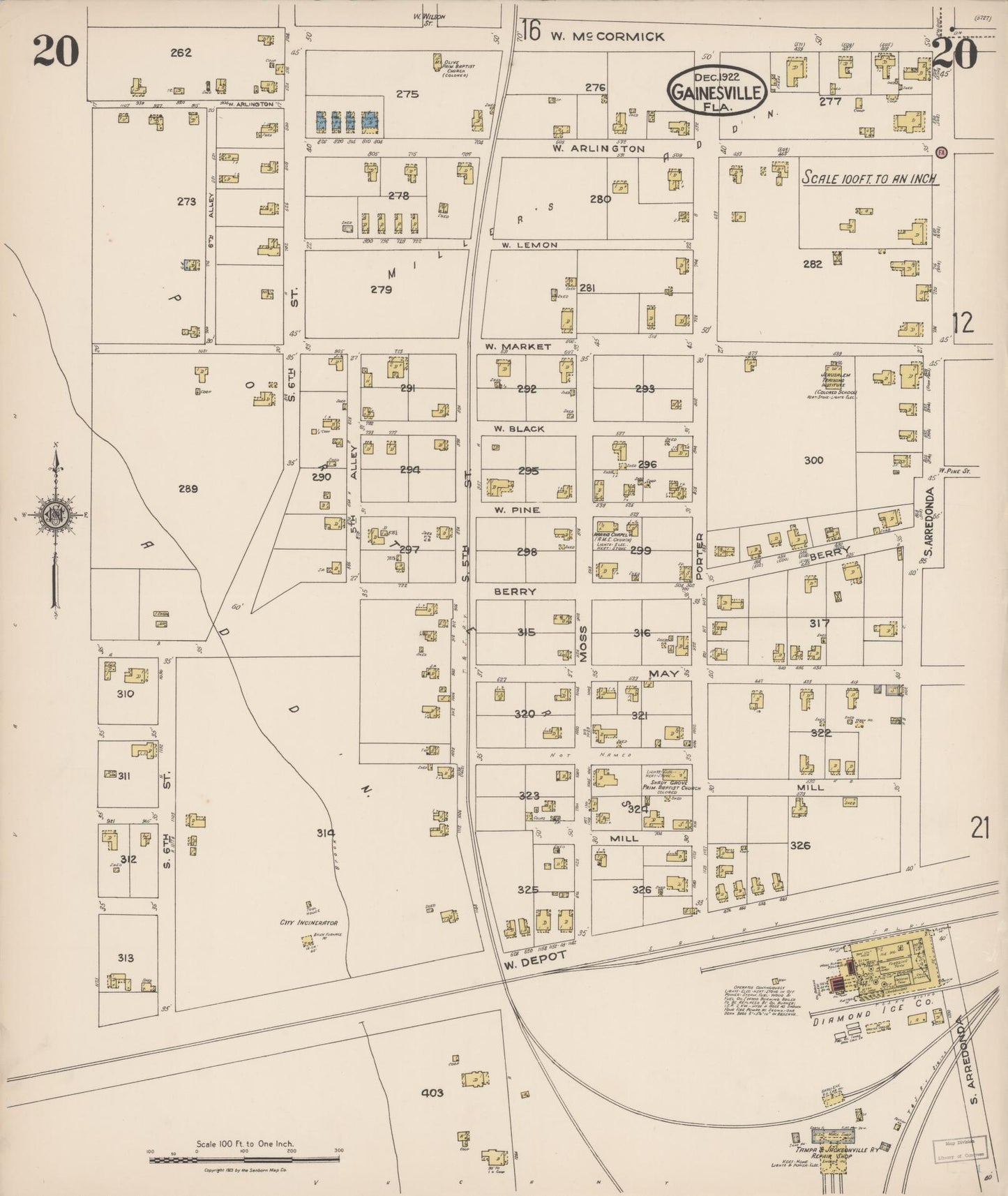 Sanborn Fire Insurance Map from Gainesville, Alachua County, Florida (1922), Sheet #0020 - Complete Map Set gallery image, historic Sanborn map, vintage wall art, Florida Florida