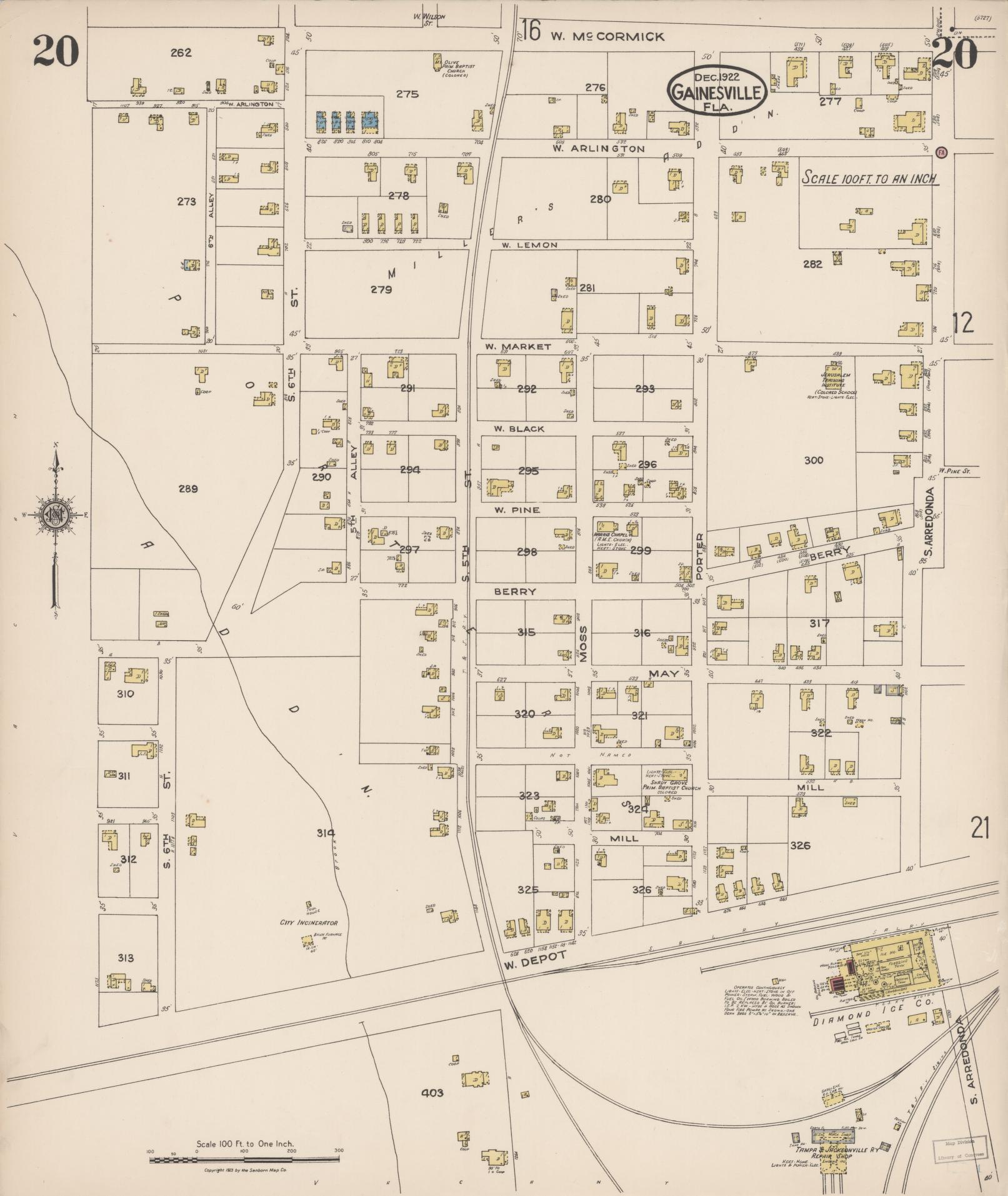 Sanborn Fire Insurance Map from Gainesville, Alachua County, Florida (1922), Sheet #0020 - Complete Map Set gallery image, historic Sanborn map, vintage wall art, Florida Florida