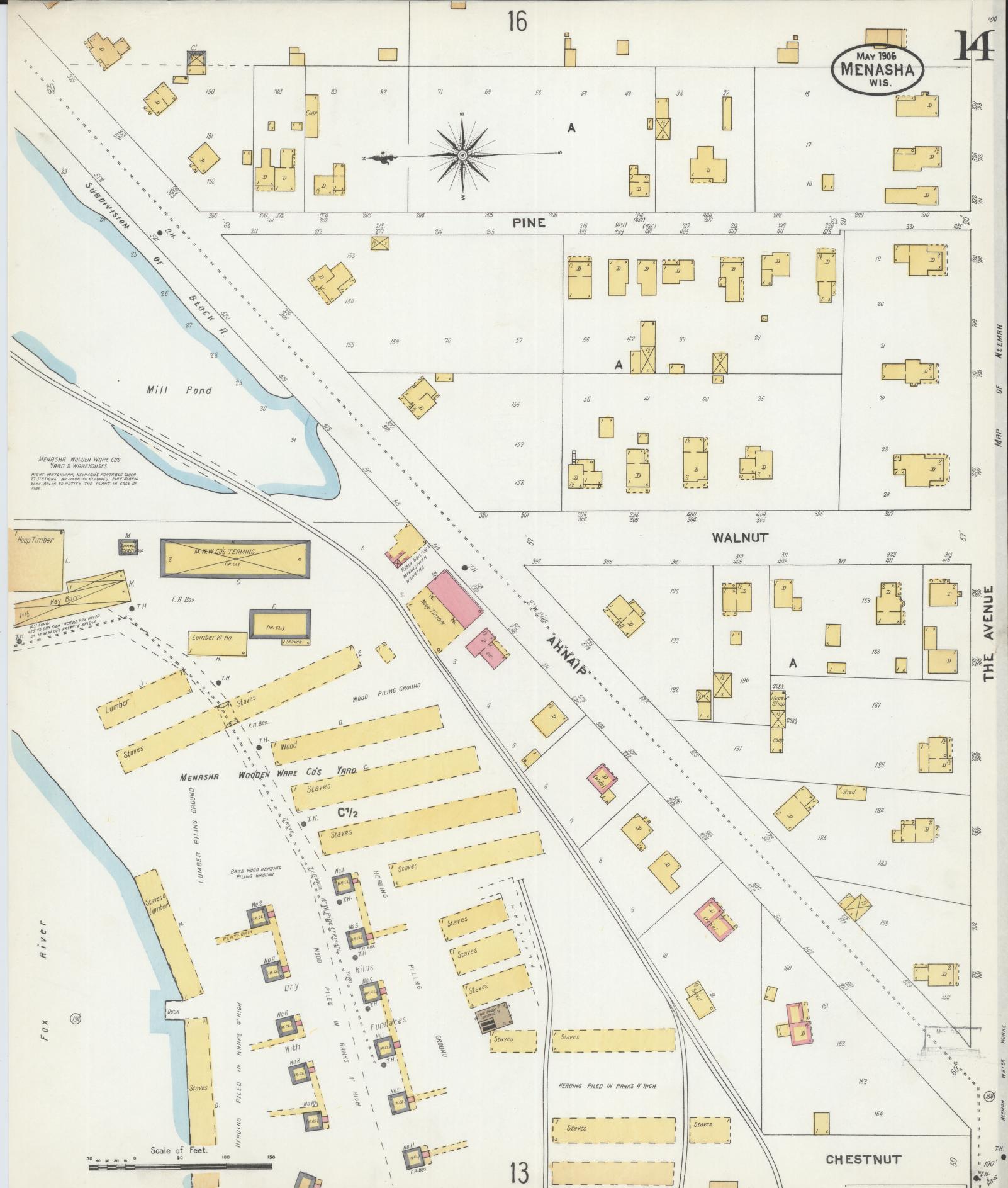 Sanborn Fire Insurance Map from Menasha, Winnebago County, Wisconsin (1906), Sheet #0014 - Historic Sanborn Fire Insurance Map Print, vintage old map wall art, antique decor, genealogy gift, Wisconsin Wisconsin map