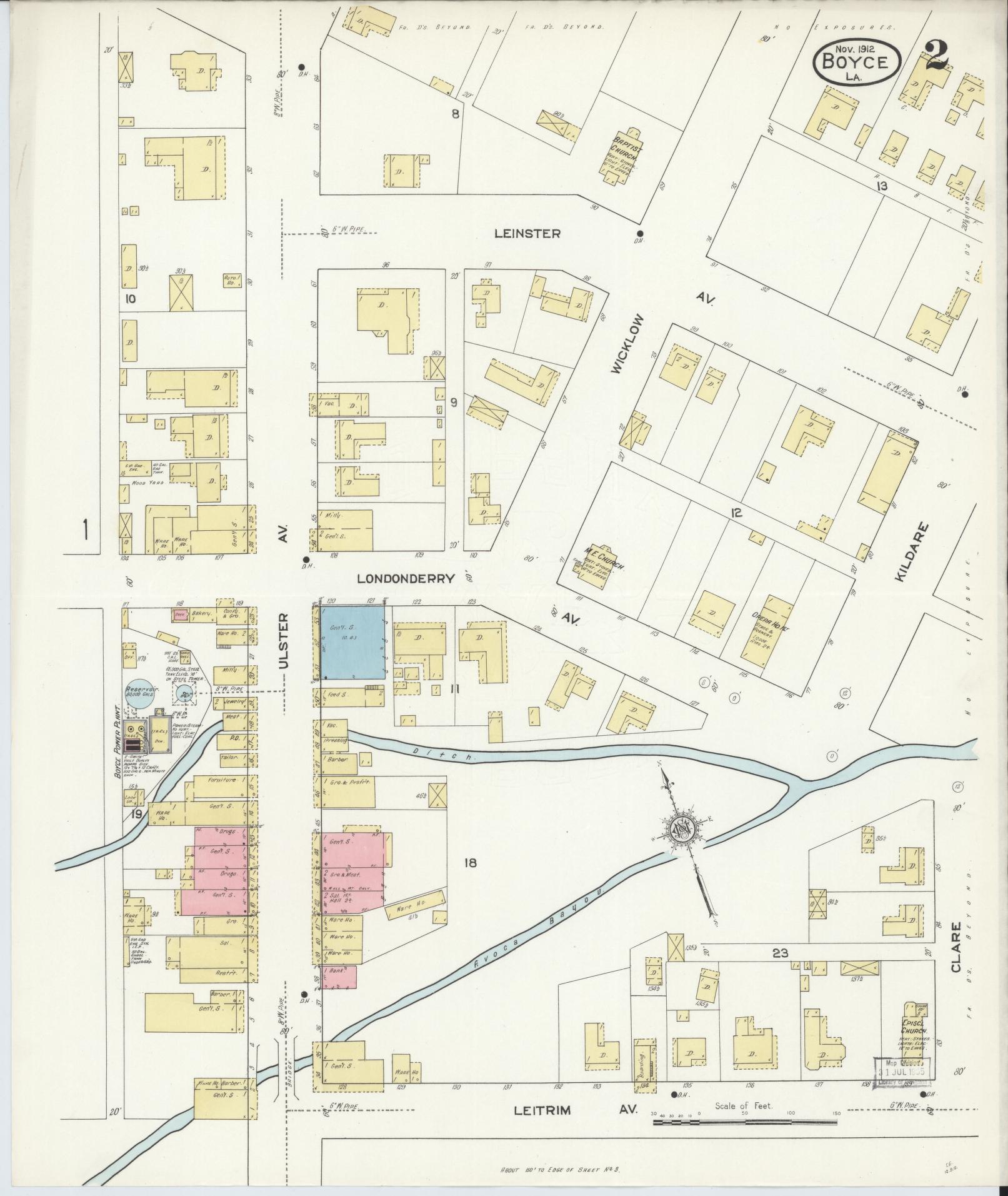 Sanborn Fire Insurance Map from Boyce, Rapides Parish, Louisiana (1912), Sheet #0002 - Historic Sanborn Fire Insurance Map Print, vintage old map wall art, antique decor, genealogy gift, Louisiana Louisiana map
