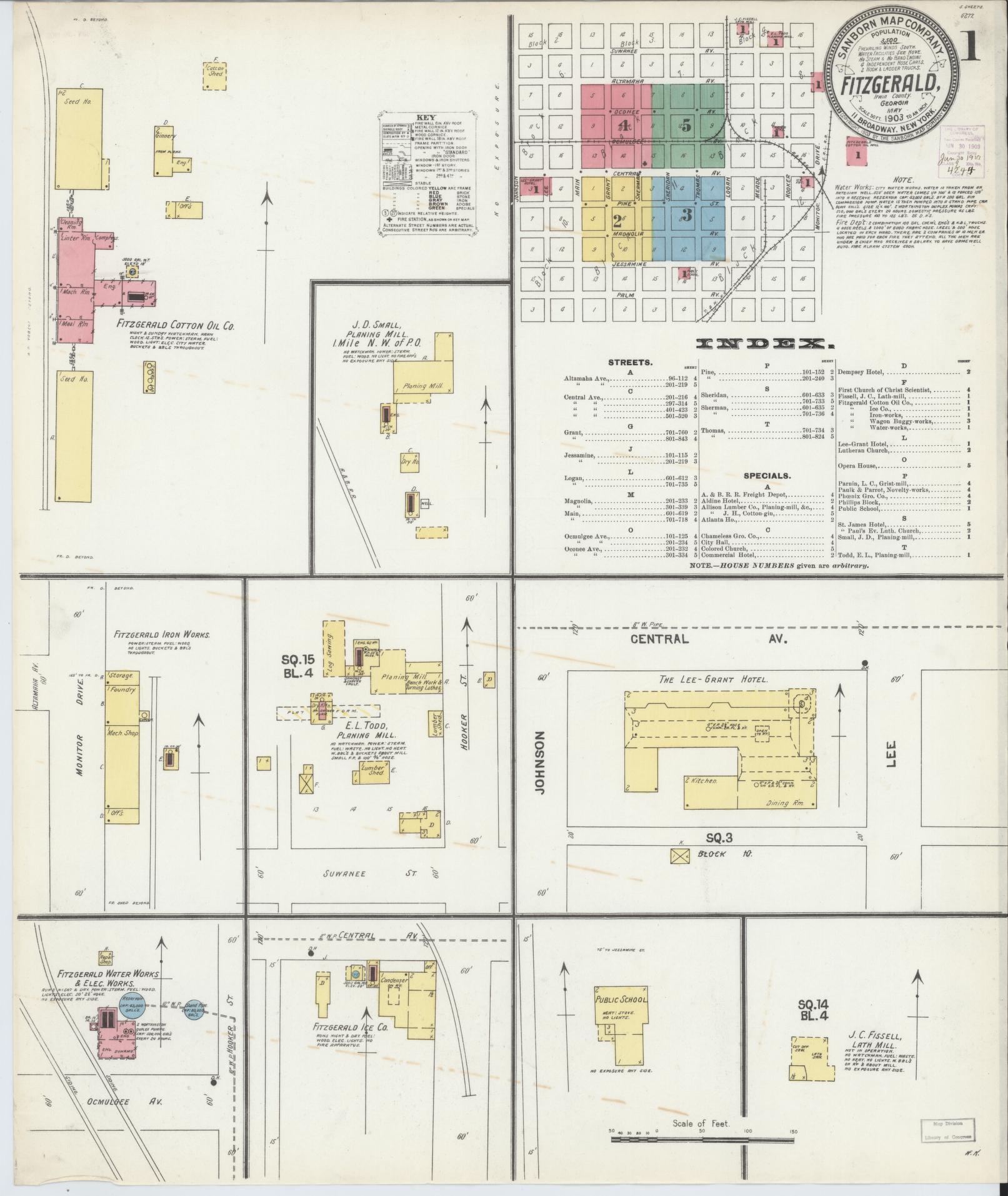 Sanborn Fire Insurance Map from Fitzgerald, Ben Hill County, Georgia (1903), Sheet #0001 - Complete Map Set gallery image, historic Sanborn map, vintage wall art, Georgia Georgia