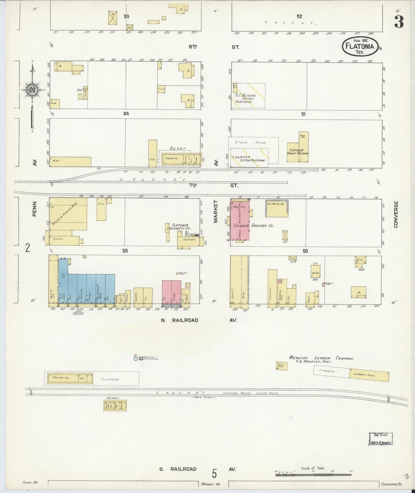 Sanborn Fire Insurance Map from Flatonia, Fayette County, Texas (1912), Sheet #0003 - Historic Sanborn Fire Insurance Map Print, vintage old map wall art, antique decor, genealogy gift, Texas Texas map