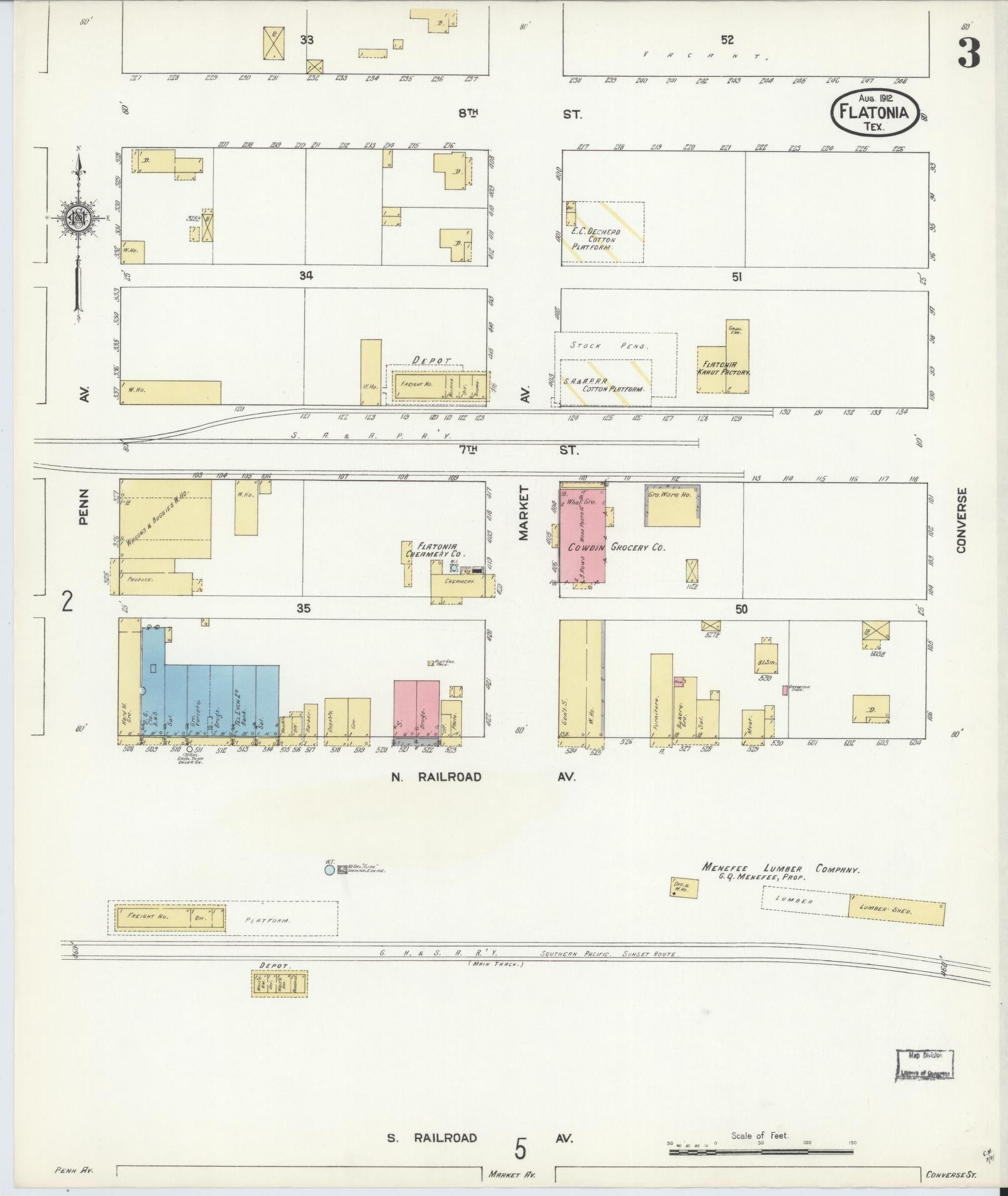 Sanborn Fire Insurance Map from Flatonia, Fayette County, Texas (1912), Sheet #0003 - Historic Sanborn Fire Insurance Map Print, vintage old map wall art, antique decor, genealogy gift, Texas Texas map