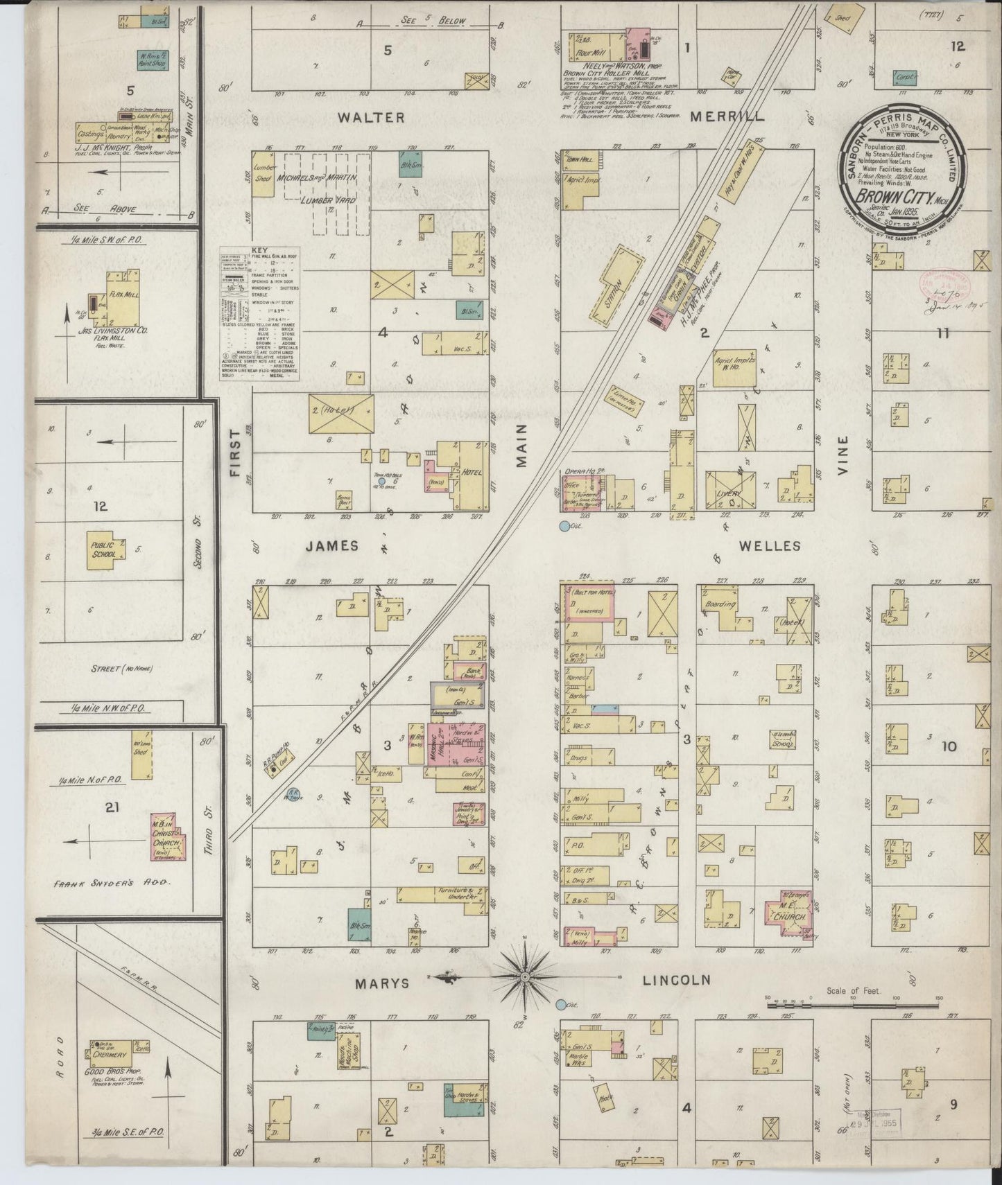 Sanborn Fire Insurance Map from Brown City, Sanilac County, Michigan (1895), Sheet #0001 - Historic Sanborn Fire Insurance Map Print, vintage old map wall art, antique decor, genealogy gift, Michigan Michigan map