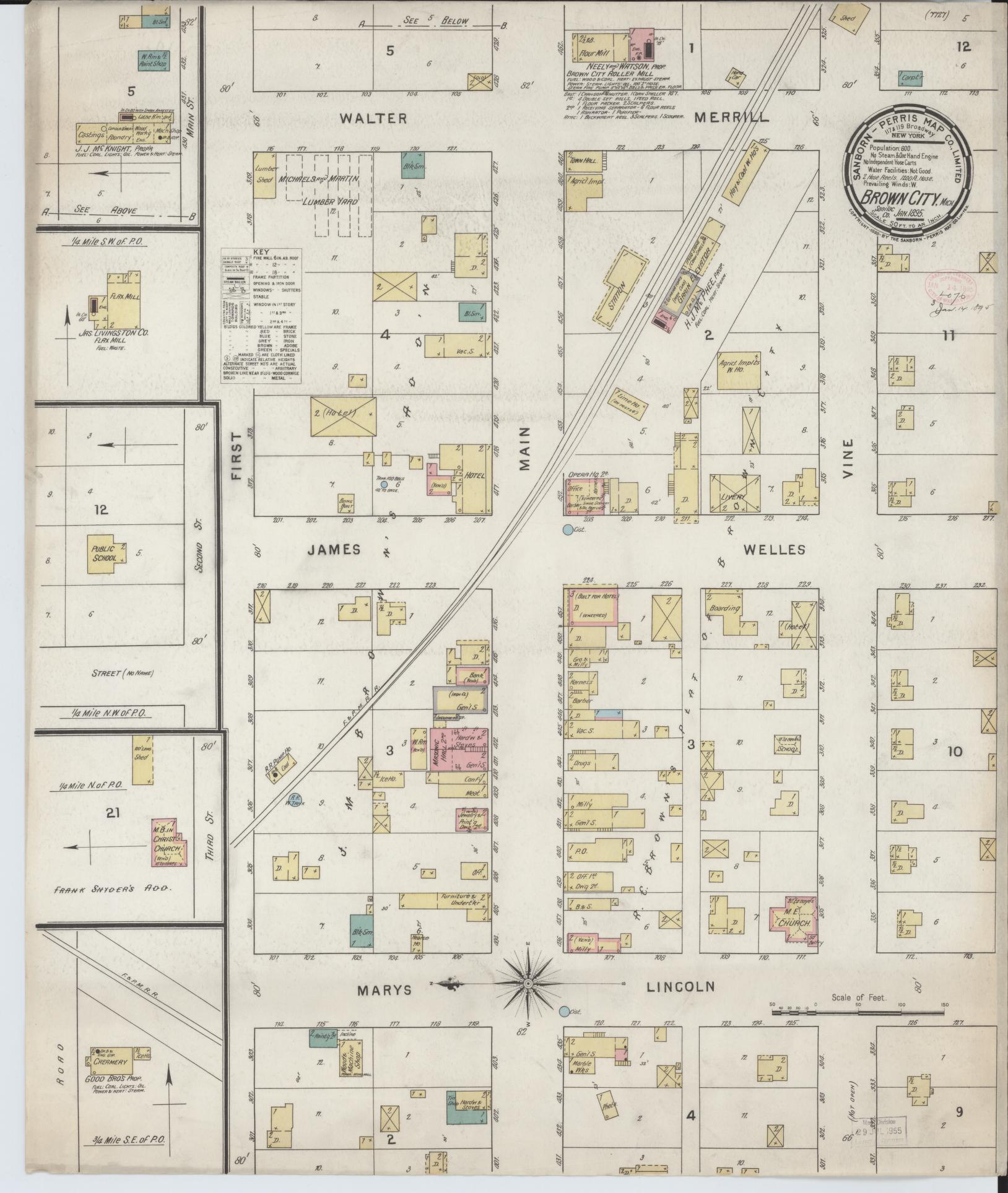 Sanborn Fire Insurance Map from Brown City, Sanilac County, Michigan (1895), Sheet #0001 - Historic Sanborn Fire Insurance Map Print, vintage old map wall art, antique decor, genealogy gift, Michigan Michigan map