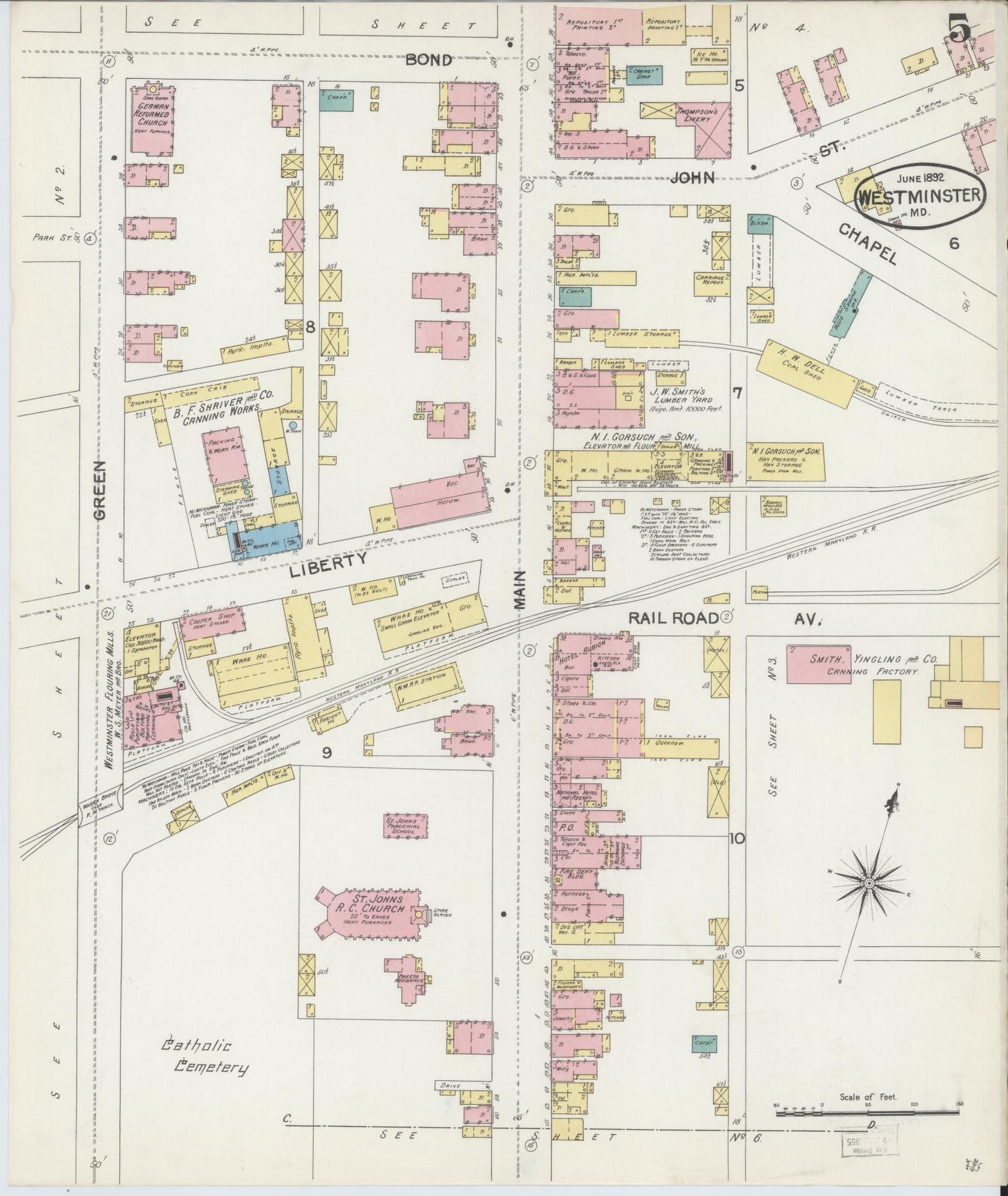 Sanborn Fire Insurance Map from Westminster, Carroll County, Maryland (1892), Sheet #0005 - Historic Sanborn Fire Insurance Map Print, vintage old map wall art, antique decor, genealogy gift, Maryland Maryland map