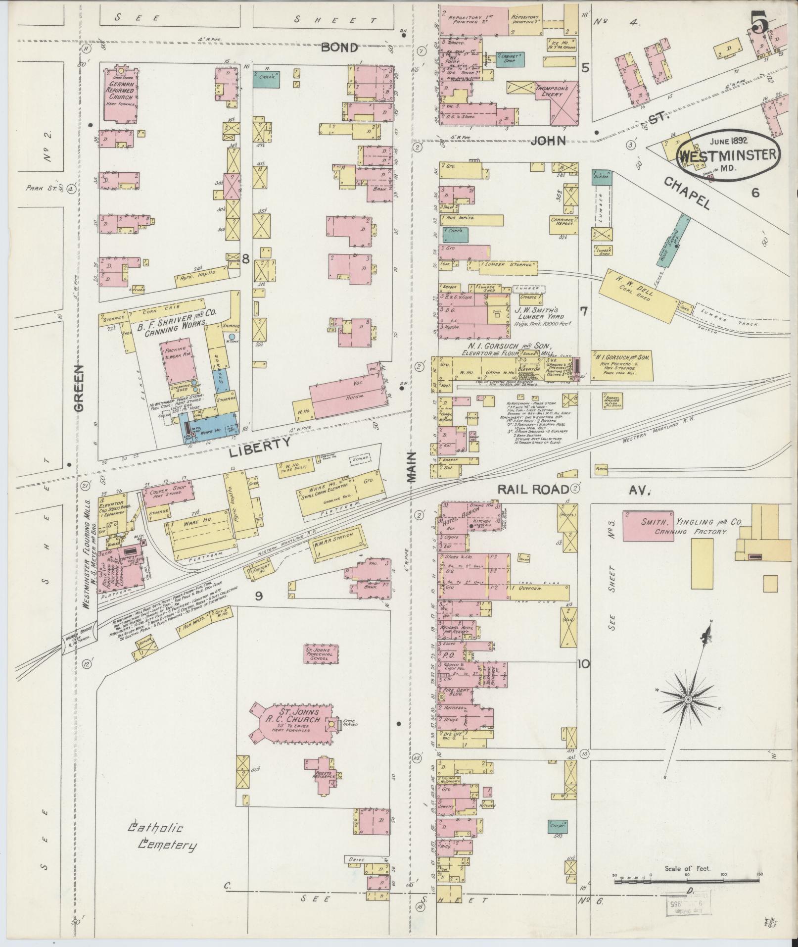 Sanborn Fire Insurance Map from Westminster, Carroll County, Maryland (1892), Sheet #0005 - Historic Sanborn Fire Insurance Map Print, vintage old map wall art, antique decor, genealogy gift, Maryland Maryland map