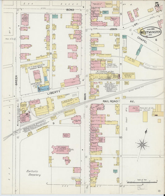 Sanborn Fire Insurance Map from Westminster, Carroll County, Maryland (1892), Sheet #0005 - Historic Sanborn Fire Insurance Map Print, vintage old map wall art, antique decor, genealogy gift, Maryland Maryland map