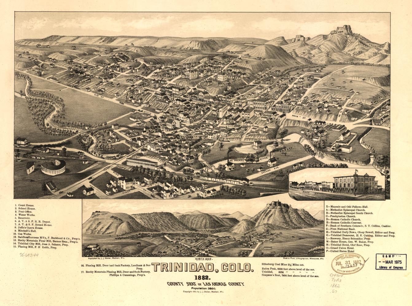 Trinidad, Colo. 1882 county seat of Las Animas County. (1882) – Historic Bird’s-Eye View Panorama Print