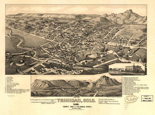 Trinidad, Colo. 1882 county seat of Las Animas County. (1882) – Historic Bird’s-Eye View Panorama Print