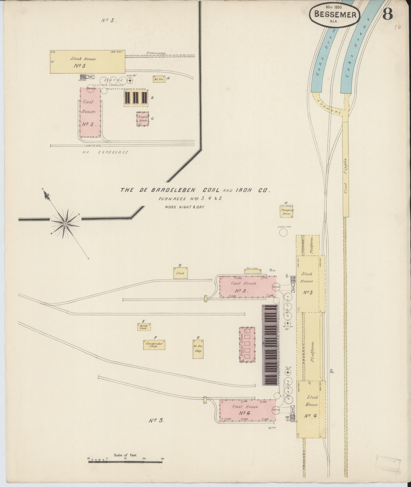 Sanborn Fire Insurance Map from Bessemer, Jefferson County, Alabama (1890), Sheet #0008 - Historic Sanborn Fire Insurance Map Print, vintage old map wall art, antique decor, genealogy gift, Alabama Alabama map