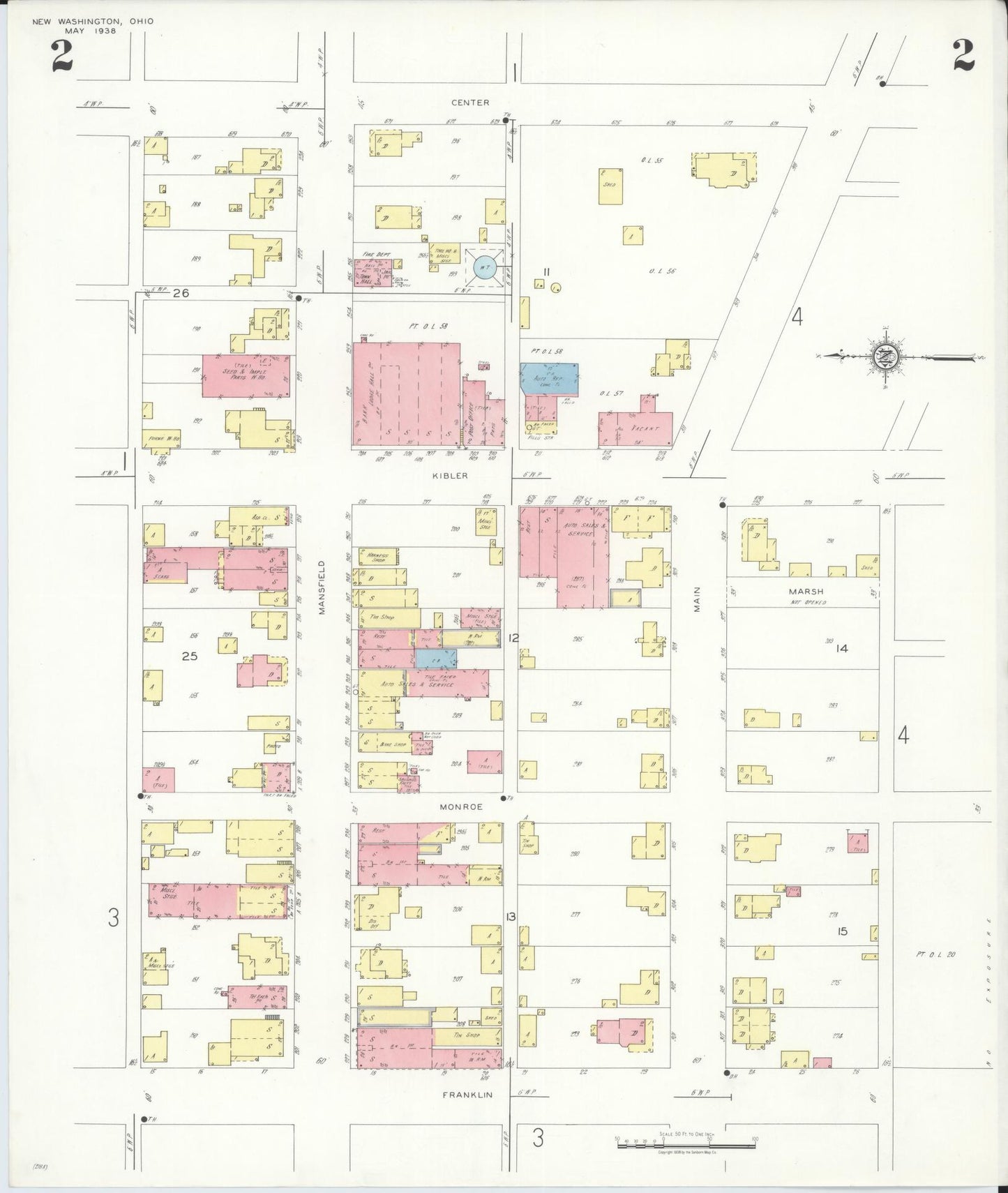 Sanborn Fire Insurance Map from New Washington, Crawford County, Ohio (1938), Sheet #0002 - Historic Sanborn Fire Insurance Map Print, vintage old map wall art, antique decor, genealogy gift, Ohio Ohio map