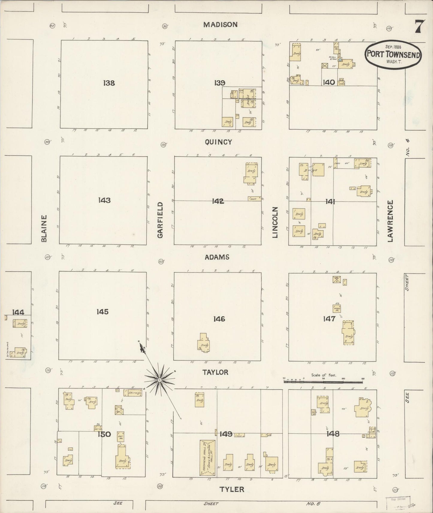 Sanborn Fire Insurance Map from Port Townsend, Jefferson County, Washington (1888), Sheet #0007 - Historic Sanborn Fire Insurance Map Print, vintage old map wall art, antique decor, genealogy gift, Washington Washington map