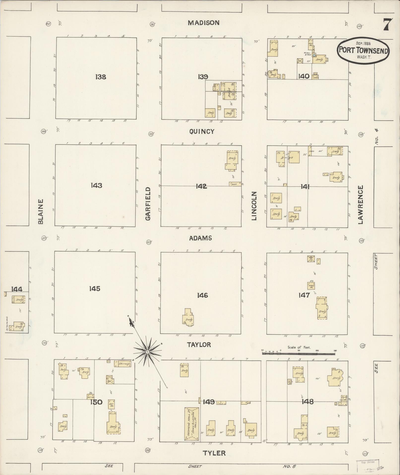 Sanborn Fire Insurance Map from Port Townsend, Jefferson County, Washington (1888), Sheet #0007 - Historic Sanborn Fire Insurance Map Print, vintage old map wall art, antique decor, genealogy gift, Washington Washington map