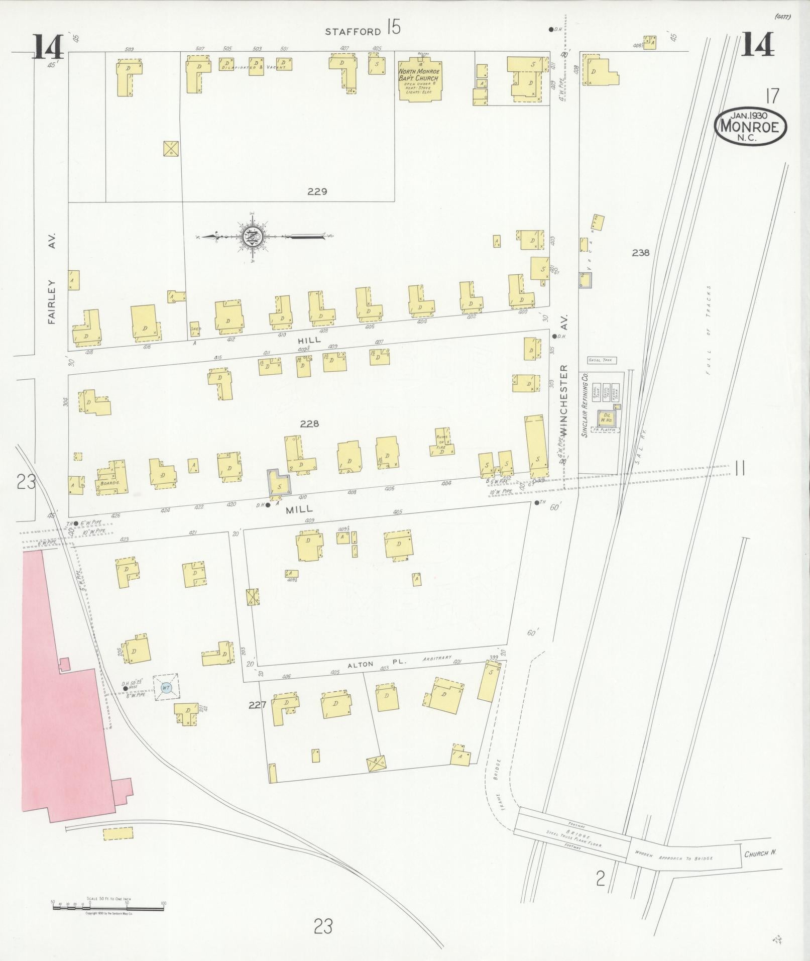 Sanborn Fire Insurance Map from Monroe, Union County, North Carolina (1930), Sheet #0014 - Historic Sanborn Fire Insurance Map Print, vintage old map wall art, antique decor, genealogy gift, North Carolina North Carolina map
