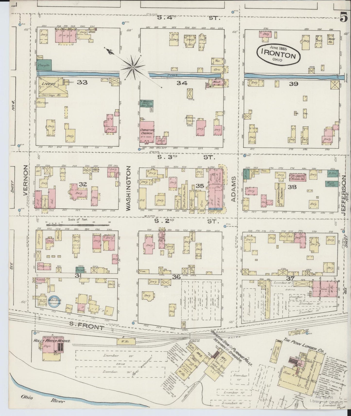 Sanborn Fire Insurance Map from Ironton, Lawrence County, Ohio (1885), Sheet #0005 - Historic Sanborn Fire Insurance Map Print, vintage old map wall art, antique decor, genealogy gift, Ohio Ohio map