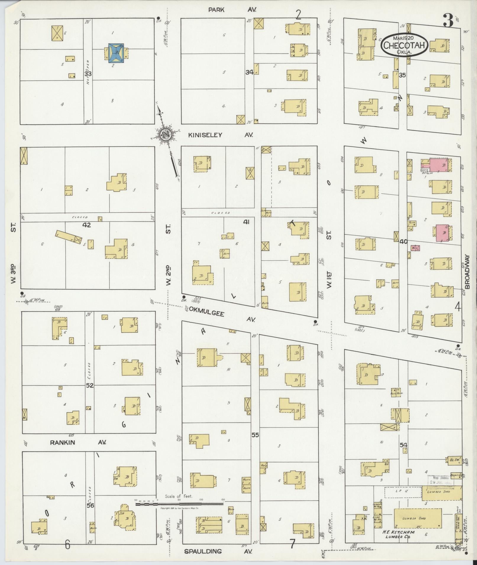 Sanborn Fire Insurance Map from Checotah, McIntosch County, Oklahoma (1920), Sheet #0003 - Historic Sanborn Fire Insurance Map Print, vintage old map wall art, antique decor, genealogy gift, Oklahoma Oklahoma map