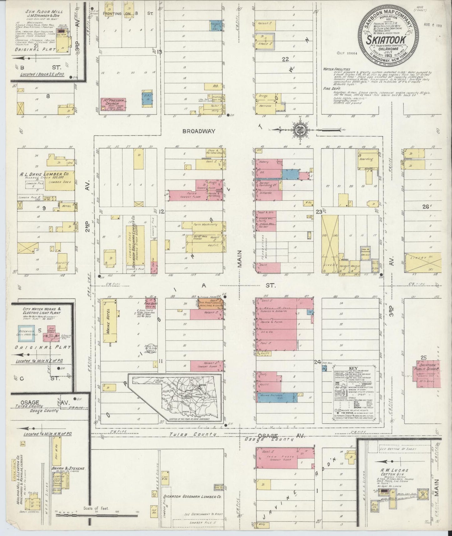 Sanborn Fire Insurance Map from Skiatook, Tulsa And Osage Counties, Oklahoma (1913), Sheet #0001 - Historic Sanborn Fire Insurance Map Print, vintage old map wall art, antique decor, genealogy gift, Oklahoma Oklahoma map
