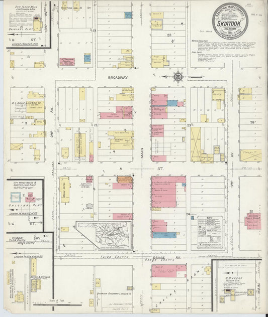 Sanborn Fire Insurance Map from Skiatook, Tulsa And Osage Counties, Oklahoma (1913), Sheet #0001 - Historic Sanborn Fire Insurance Map Print, vintage old map wall art, antique decor, genealogy gift, Oklahoma Oklahoma map