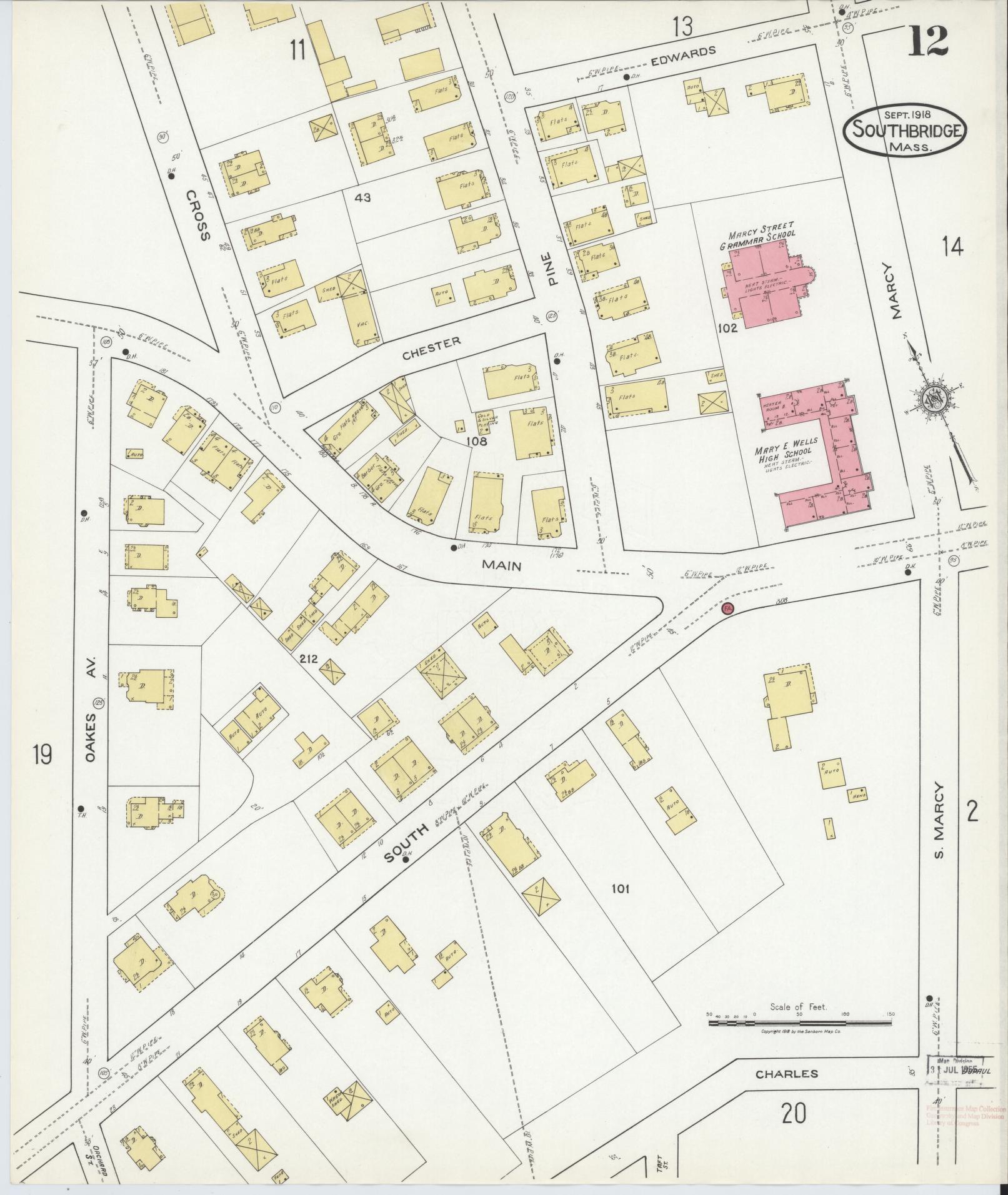 Sanborn Fire Insurance Map from Southbridge, Worcester County, Massachusetts (1918), Sheet #0012 - Historic Sanborn Fire Insurance Map Print, vintage old map wall art, antique decor, genealogy gift, Massachusetts Massachusetts map