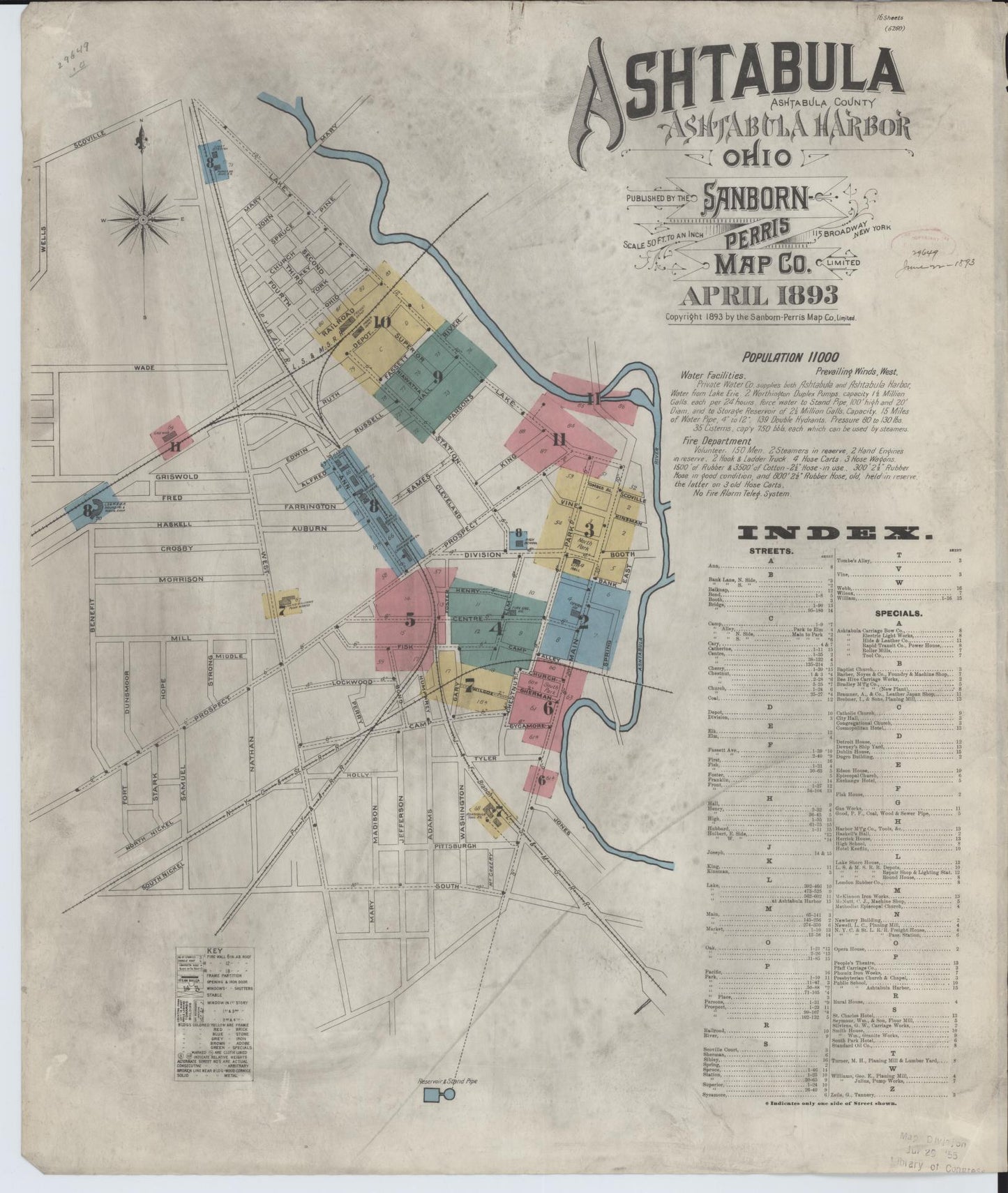 Sanborn Fire Insurance Map from Ashtabula, Ashtabula County, Ohio (1893), Sheet #0001 - Historic Sanborn Fire Insurance Map Print, vintage old map wall art, antique decor, genealogy gift, Ohio Ohio map