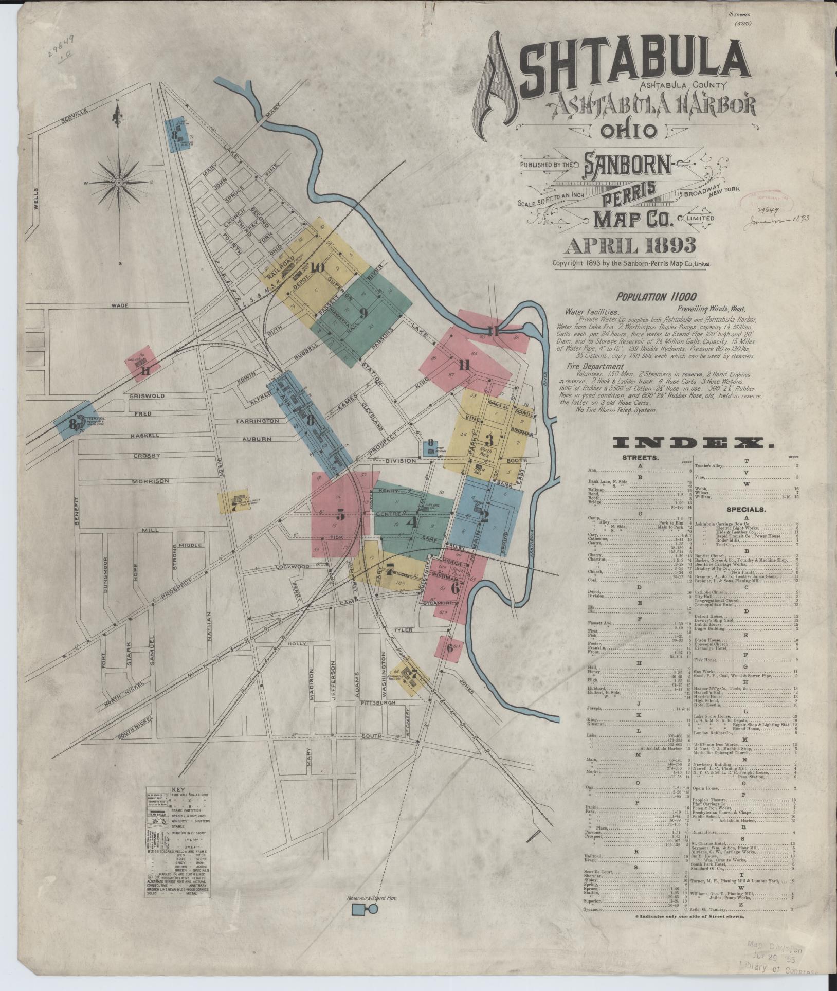 Sanborn Fire Insurance Map from Ashtabula, Ashtabula County, Ohio (1893), Sheet #0001 - Historic Sanborn Fire Insurance Map Print, vintage old map wall art, antique decor, genealogy gift, Ohio Ohio map