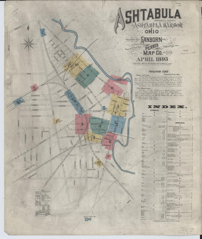 Sanborn Fire Insurance Map from Ashtabula, Ashtabula County, Ohio (1893), Sheet #0001 - Historic Sanborn Fire Insurance Map Print, vintage old map wall art, antique decor, genealogy gift, Ohio Ohio map