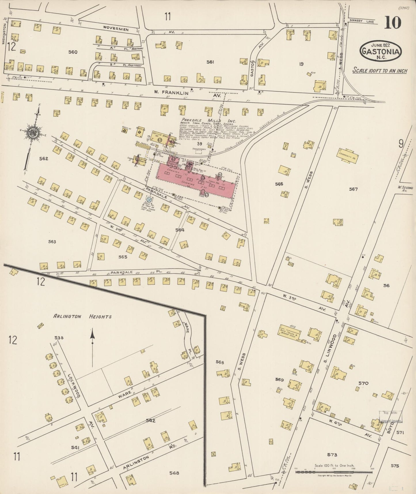 Sanborn Fire Insurance Map from Gastonia, Gaston County, North Carolina (1922), Sheet #0010 - Complete Map Set gallery image, historic Sanborn map, vintage wall art, North Carolina North Carolina