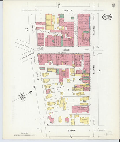 Sanborn Fire Insurance Map from Adrian, Lenawee County, Michigan (1908), Sheet #0009 - Historic Sanborn Fire Insurance Map Print, vintage old map wall art, antique decor, genealogy gift, Michigan Michigan map