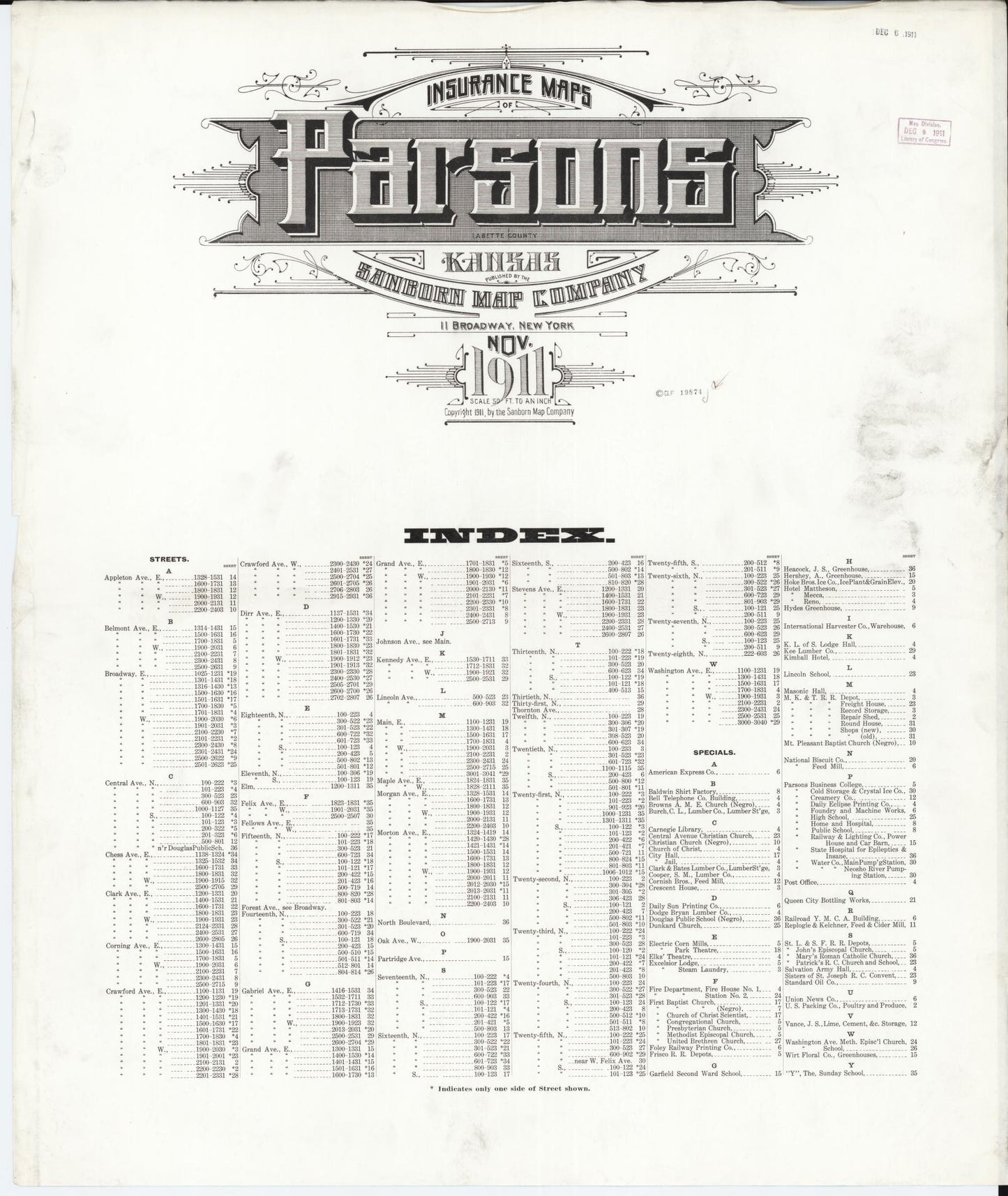 Sanborn Fire Insurance Map from Parsons, Labette County, Kansas. (1911) – Historic Sanborn Fire Insurance Map Print