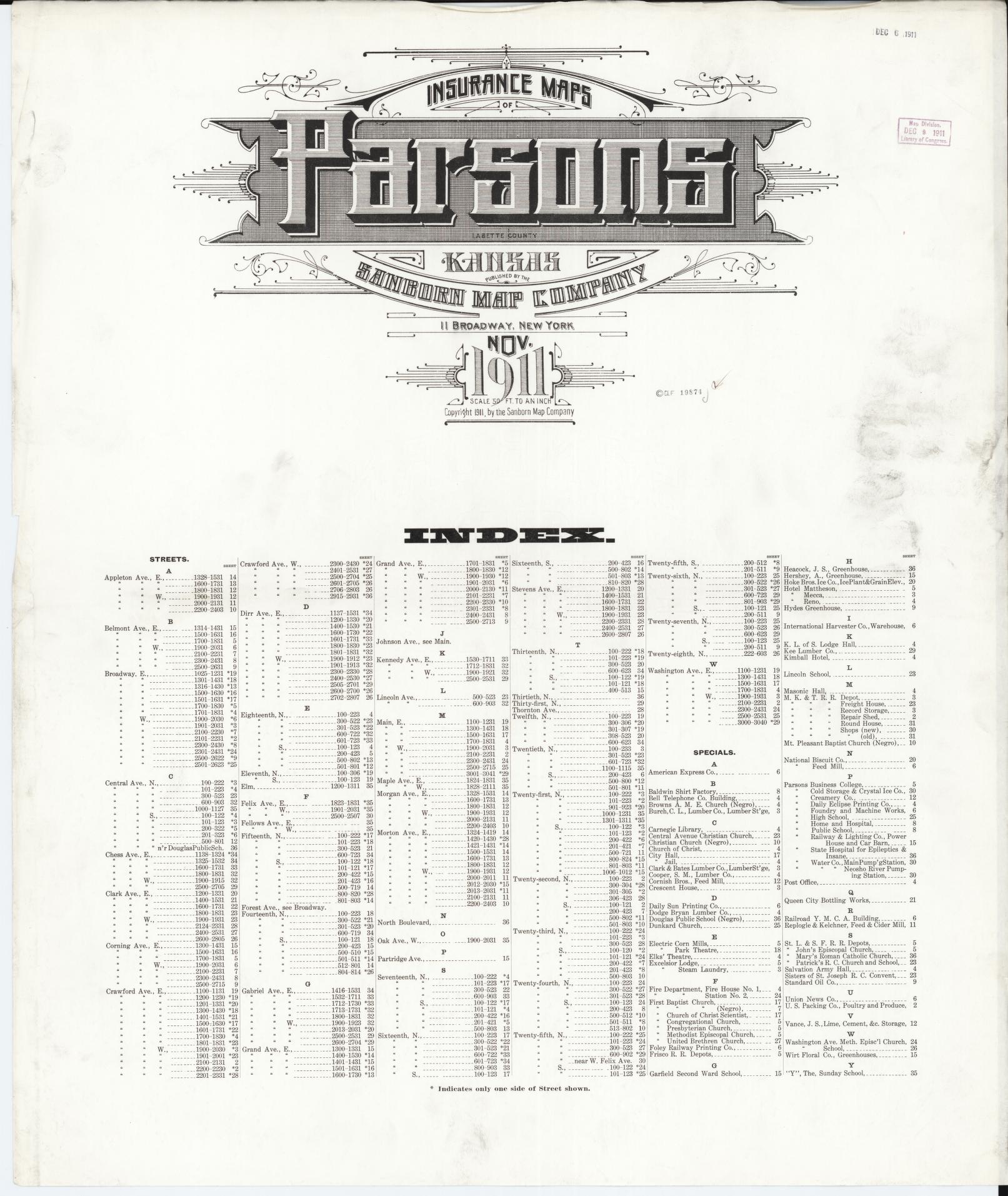 Sanborn Fire Insurance Map from Parsons, Labette County, Kansas. (1911) – Historic Sanborn Fire Insurance Map Print